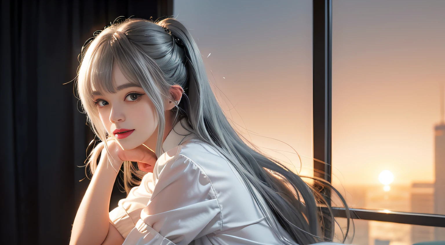 1 rapariga, Silver hair, Bangs, Blunt bangs, Long hair, braided ponytails, aqua eyes, longeyelashes, Solid Circle Eyes, makeup, Open mouth, blush, Parted lips, Bright pupils, smiley, Seductive smile, glint, surrealism, Modern, Chiaroscuro, Chiaroscuro, depth of fields, One-person viewpoint, from behind, From Side, F/1.8, 135 mm, canon,  nffsw, retinas, masutepiece, ccurate, Anatomically correct, Textured skin, Super Detail, high details, High quality, Best Quality, hight resolution, 1080p, hard disk, 4K, 8K、White blouse front opening、Black Mini Tight Skirt　Full body angle、Stand in a large office、Skyscrapers are hazy behind