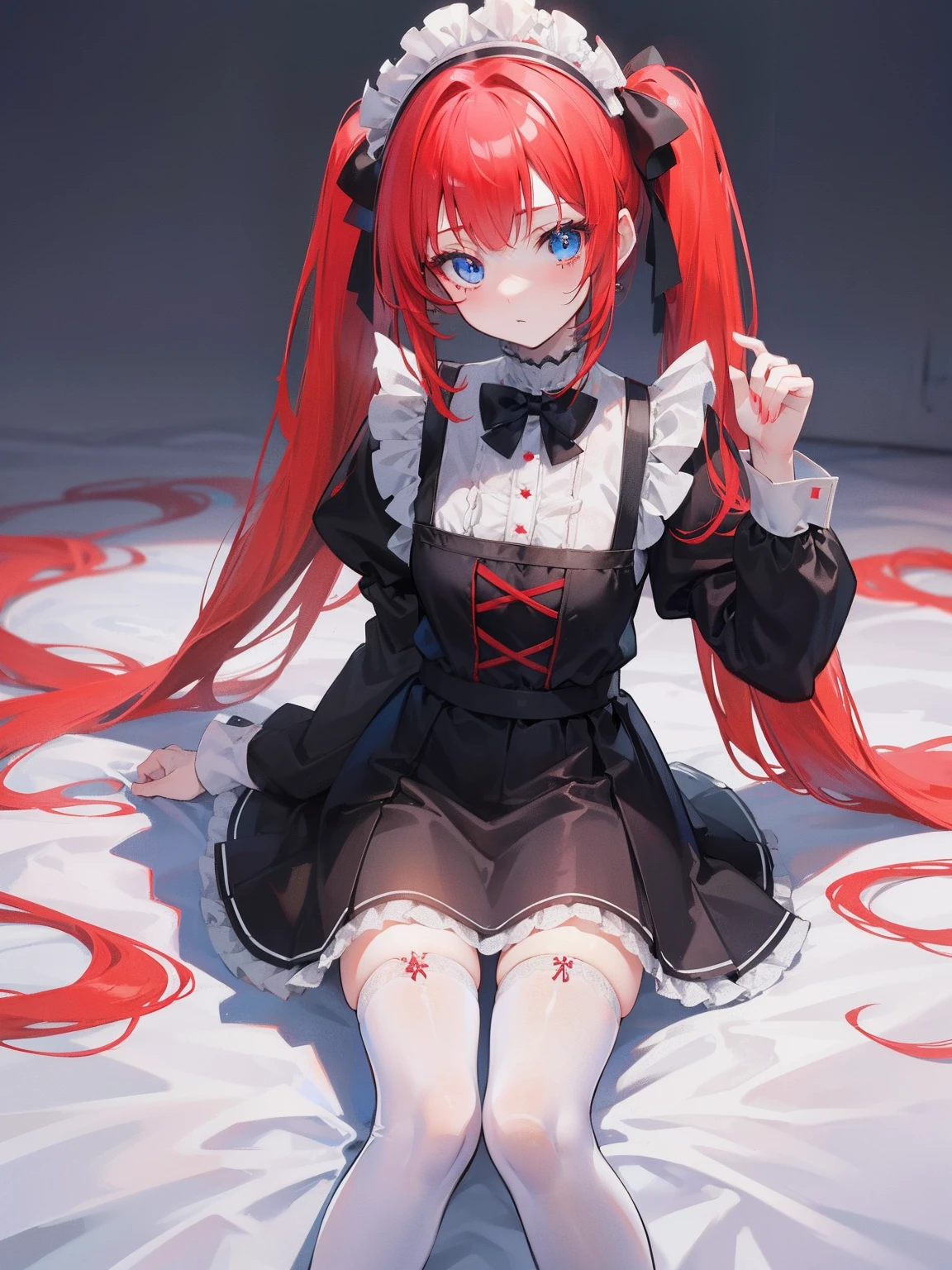red hair,blue eyes,twintails,maid, long hair, long sleeves, gothic, solo, loli,Short skirt, white stockings,{{best quality}}, {{masterpiece}}, {{ultra-detailed}}, {illustration}, {detailed light}, {an extremely delicate and beautiful}, girl,cute,