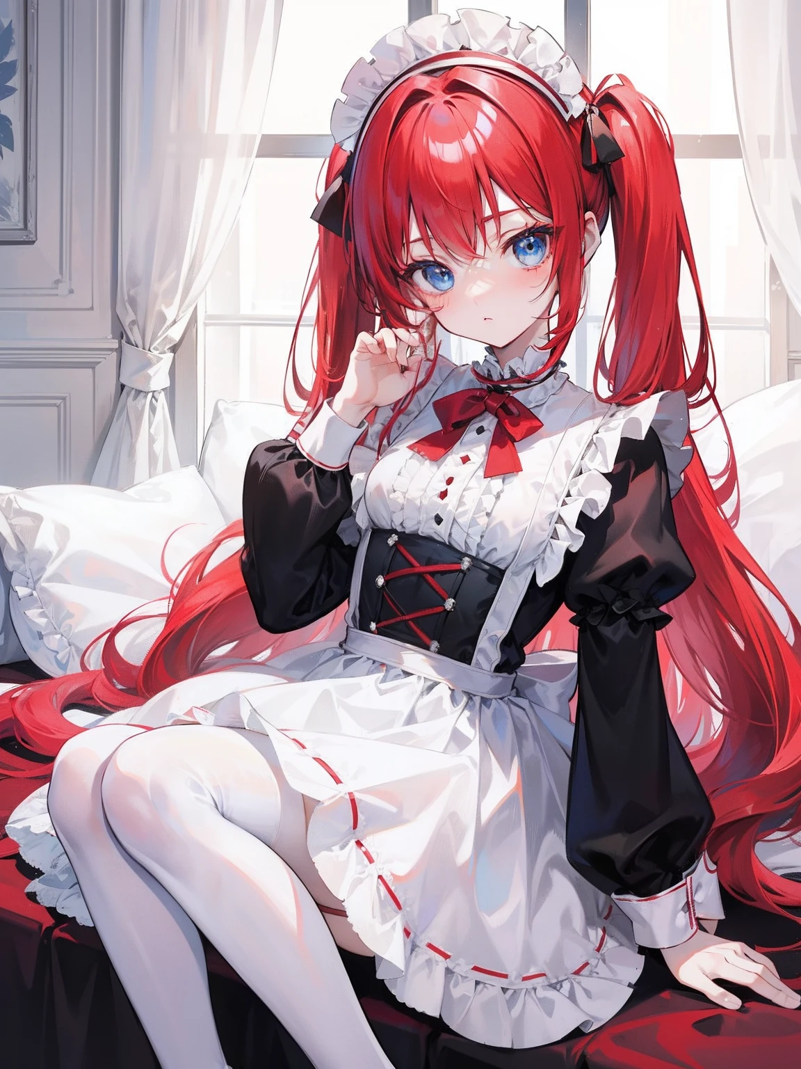 red hair,blue eyes,twintails,maid, long hair, long sleeves, gothic, solo, loli,Short skirt, white stockings,{{best quality}}, {{masterpiece}}, {{ultra-detailed}}, {illustration}, {detailed light}, {an extremely delicate and beautiful},little girl,cute,