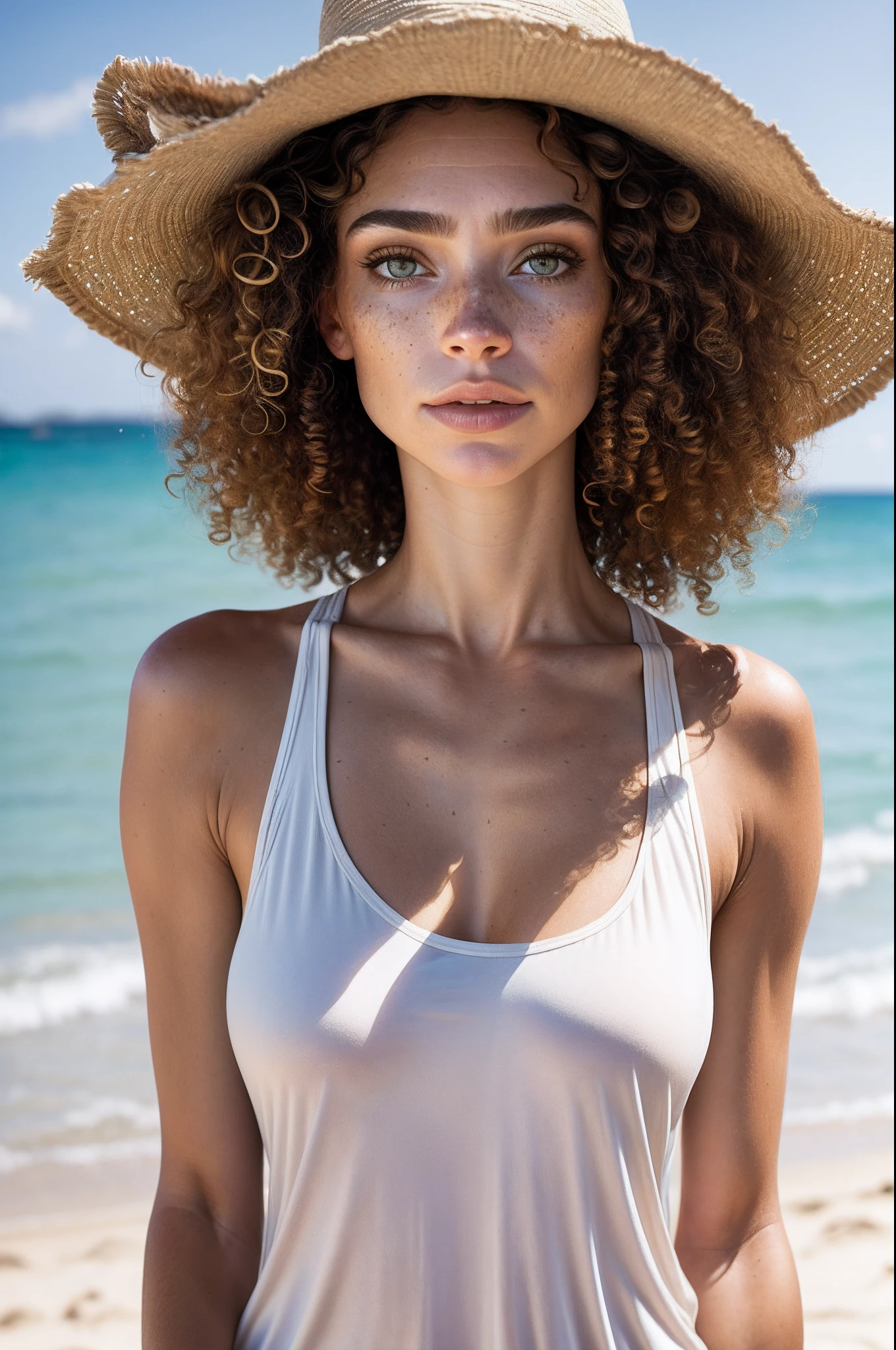 (sharp focus: 1.2), photo, attractive, mixed-race 40-year-old woman, (beautiful face: 1.1), detailed eyes, full lips, (cat eye makeup: 0.85), (big eyes : 1.0), (toned body: 1.2), (curly hair:1.2), wears (white tank top:1.2) on a (beach:1.2). (dim lighting: 1.2), depth of field, bokeh, 4K, HDR. by (James C. Christensen:1.2|Jeremy Lipking:1.1), freckles on body, hazel eyes, freckles, beauty marks, sandy skin, sand on skin, dolienobodysd15