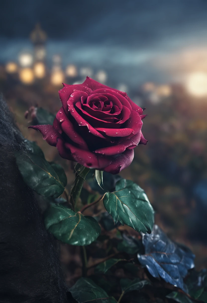 (Best Quality, 8k, 32k, Masterpiece, UHD:1.3), dark blue rose, with stem, rendered in a photorealistic style with sharp edges and a lonely atmosphere