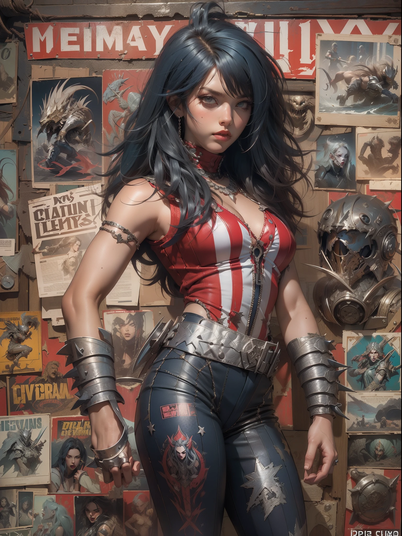 (((mulher))), (((melhor qualidade))), (((obra prima))), (((adulto))), (((1girl))), ((( corte de cabelo bob ))), Uma gladiadora cyberpunk mulher de 25 anos com corpo perfeito, shoulder pads with metal spines, Gladiadores do Brooklyn, (( corte de cabelo bob )), tiny leather panties, camiseta de time de rugby rasgada, quase nua no estilo selvagem urbano de Simon Bisley para a capa da revista Heavy Metal, Cabelo loiro curto, Minimum clothing, Metal protection on the left arm with intricate graphics, Dark red with white stars and striped zigzag pattern, navy blue and white, armadura, cheio de espinhos, (((do joelho pra cima))), cabelos loiro branco curto, no fundo uma parede pintada por Shepard Fairey com um design intrincado
