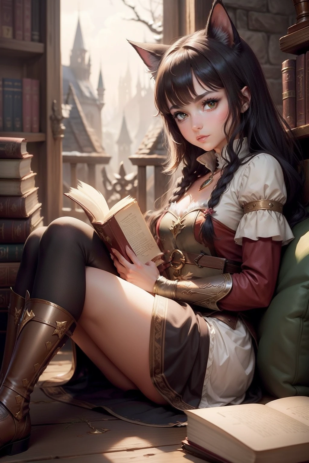 fantasy medieval cat girl. cat face. holding books. front view. front facing. furry cat tail