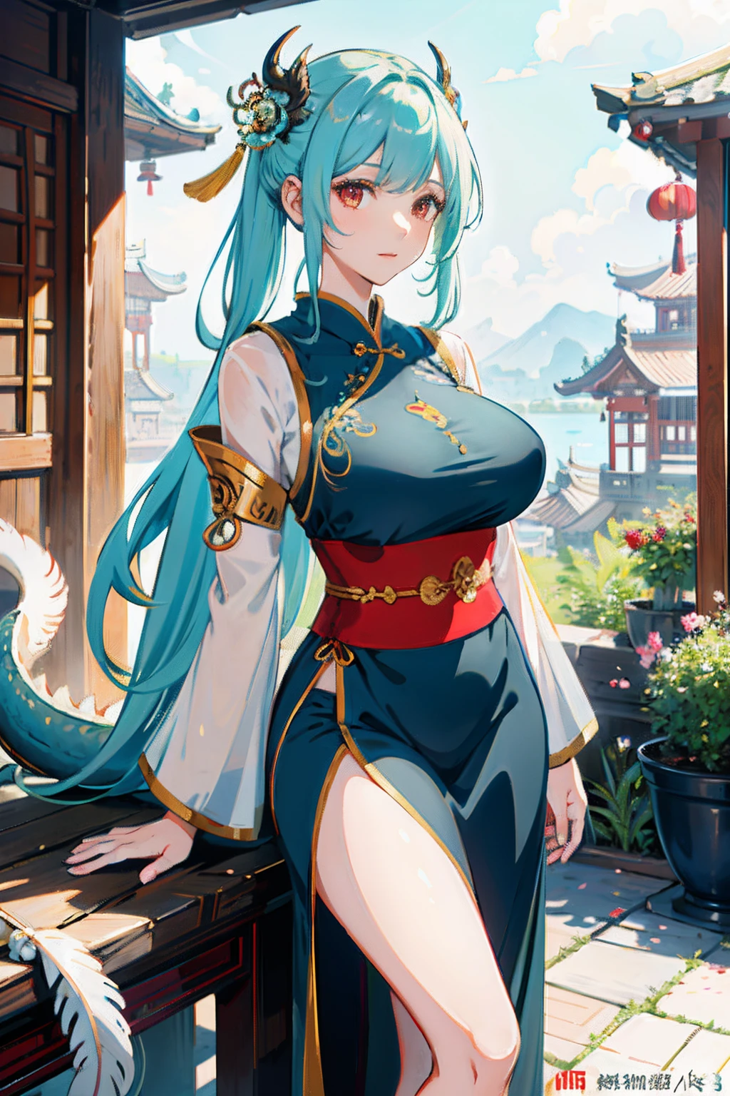 ((masterpiece, best quality)), 1girl, ((mature female)), (big breasts), longhair, floating hair, hair ornamen, (hanfu), ((clothes made of feathers)), (summer), (dragon girl), sunlight, (detailed light), lighting, (colorful), looking at viewer, chinese style architecture background, special features,(bloom), (shine)