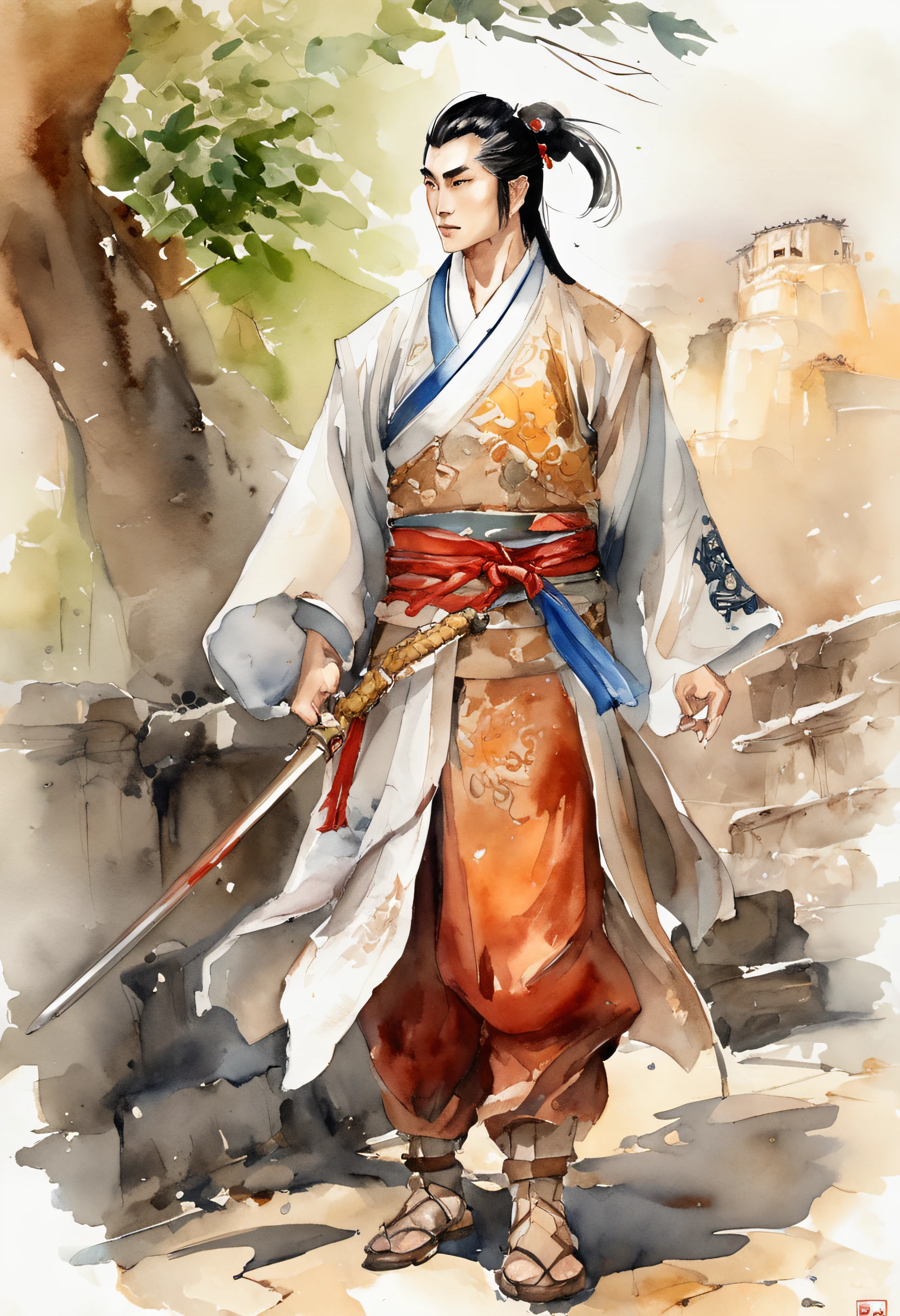 Jin Yong's novel character Guo Jing has a darker face, thick eyebrows and big eyes, wears a strong suit, pedals and fast boots, and stands in front of an ancient temple with a sword in his hand, watercolor techniques