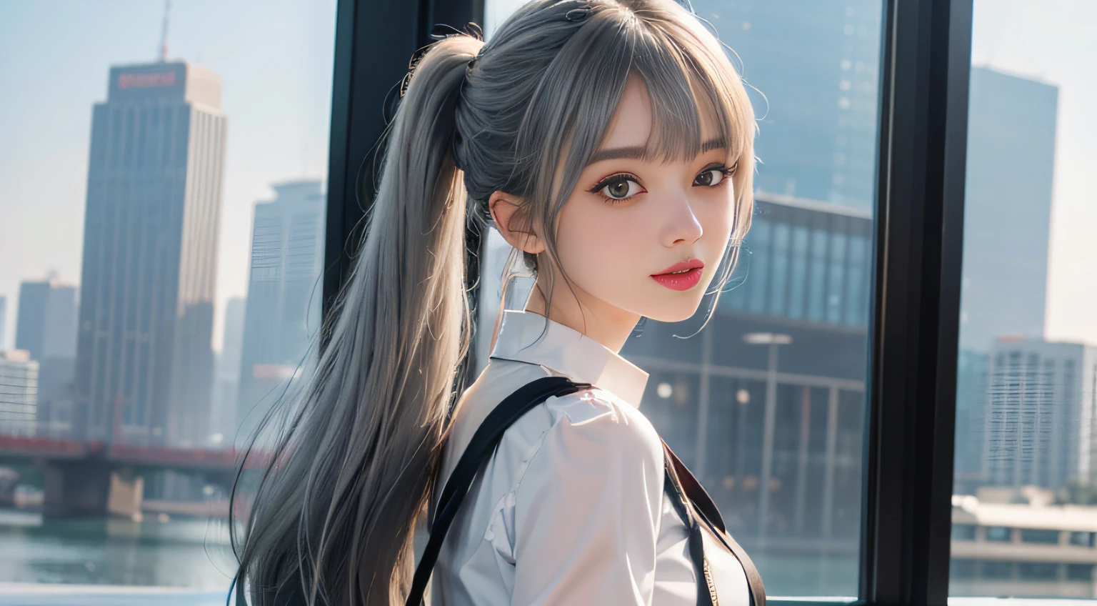 （Girl standing in a large office）, Silver hair, Bangs, Blunt bangs, Long hair, braided ponytails, aqua eyes, longeyelashes, Solid Circle Eyes, makeup, Open mouth, blush, Parted lips, Bright pupils, smiley, Seductive smile, glint, surrealism, Modern,（（ camouflage uniform、、a miniskirt））、)(On the shoulder is M.１６Sniper rifle）Chiaroscuro, Chiaroscuro, depth of fields, One-person viewpoint, from behind, From Side, F/1.8, 135 mm, canon,  nffsw, retinas, masutepiece, ccurate, Anatomically correct, Textured skin, Super Detail, high details, High quality, Best Quality, hight resolution, 1080p, hard disk, 4K, 8K、Front opening of white blouse、Black Mini Tight Skirt　Full Body Angle、、Skyscrapers are hazy behind
