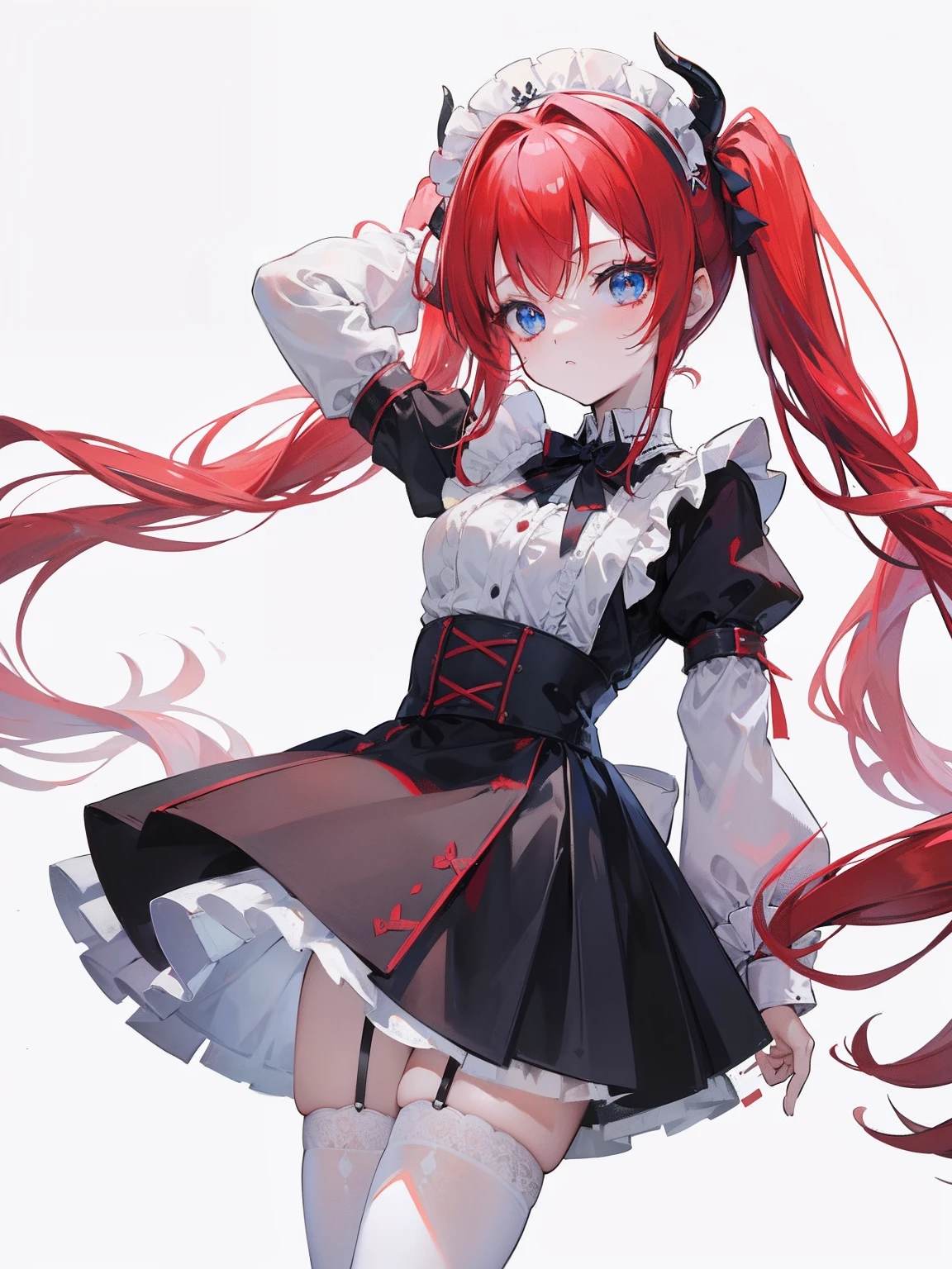 red hair,blue eyes,twintails,maid, long hair, long sleeves, gothic, solo, ,Short skirt, white stockings,{{best quality}}, {{masterpiece}}, {{ultra-detailed}}, {illustration}, {detailed light}, {an extremely delicate and beautiful},litte,dragon horns