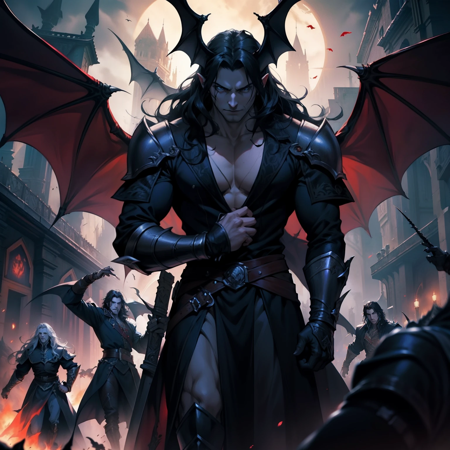 Castlevania Lord of the shadows hyper realistic super detailed Dynamic poses of Lord Dracula leading troops army of demons to great battle War hyper realistic super detailed sharp détails cinématique scènes movie filme