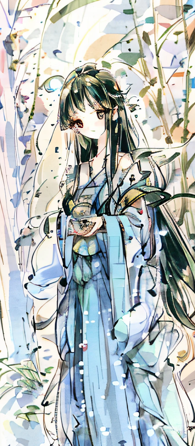 Masterpiece, Best Quality, Official Art, 8k Wallpaper, Very Detailed, Illustration, 1 Girl, Sky Blue Hair, Long Hair, Detailed Eyes, Forrest Gump, Bare Shoulders, Hanfu, Lake, Pure, Soft Smile, bamboo, tea