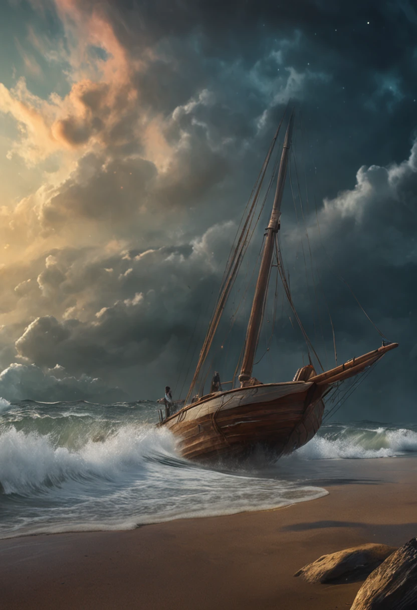 A real photographic landscape painting with incomparable reality,Super wide,Ominous sky,Sailing boat,Wooden boat,Lotus,Huge waves,Starry night,Harry potter,Volumetric lighting,Clearing,Realistic,James gurney,artstation，（（oil painted））