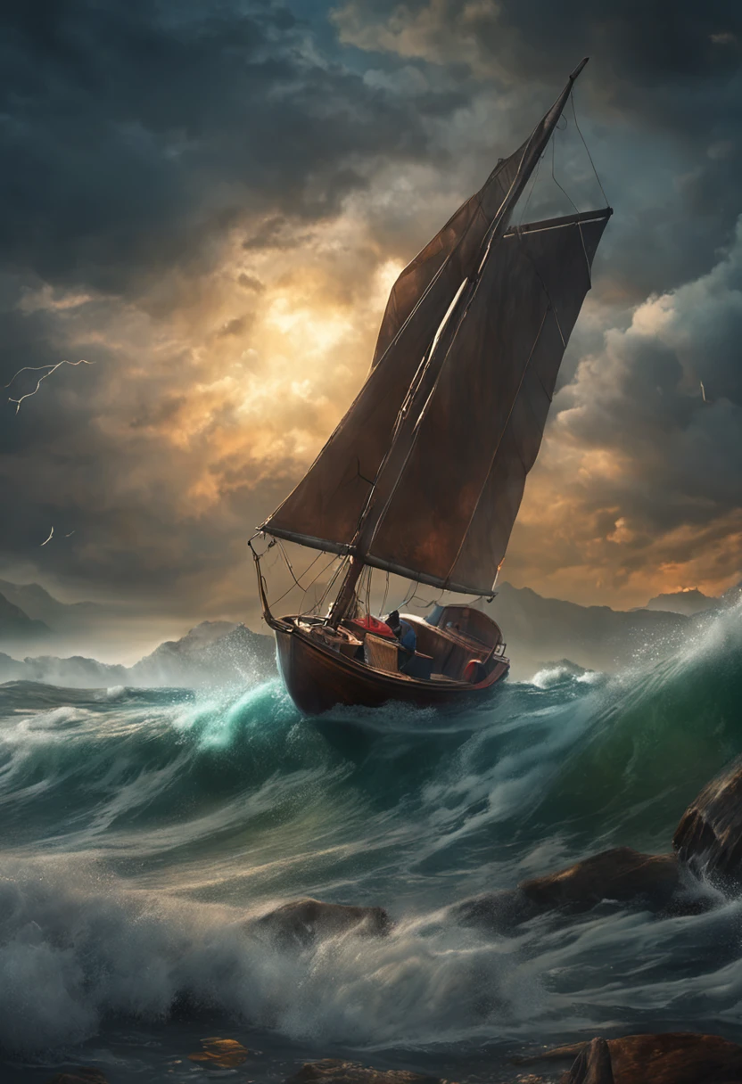 A real photographic landscape painting with incomparable reality,Super wide,Ominous sky,Sailing boat,Wooden boat,Lotus,Huge waves,Starry night,Harry potter,Volumetric lighting,Clearing,Realistic,James gurney,artstation,((oil painted))