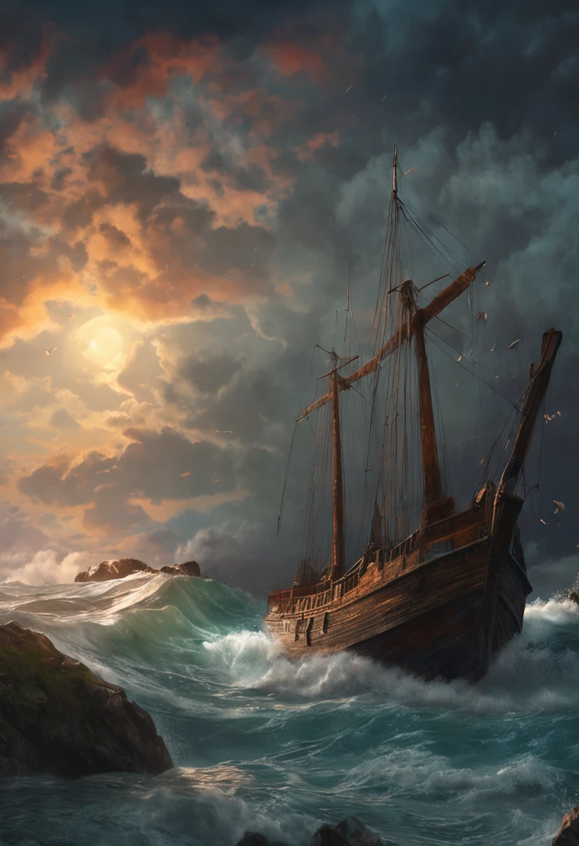 A real photographic landscape painting with incomparable reality,Super wide,Ominous sky,Sailing boat,Wooden boat,Lotus,Huge waves,Starry night,Harry potter,Volumetric lighting,Clearing,Realistic,James gurney,artstation,((oil painted))