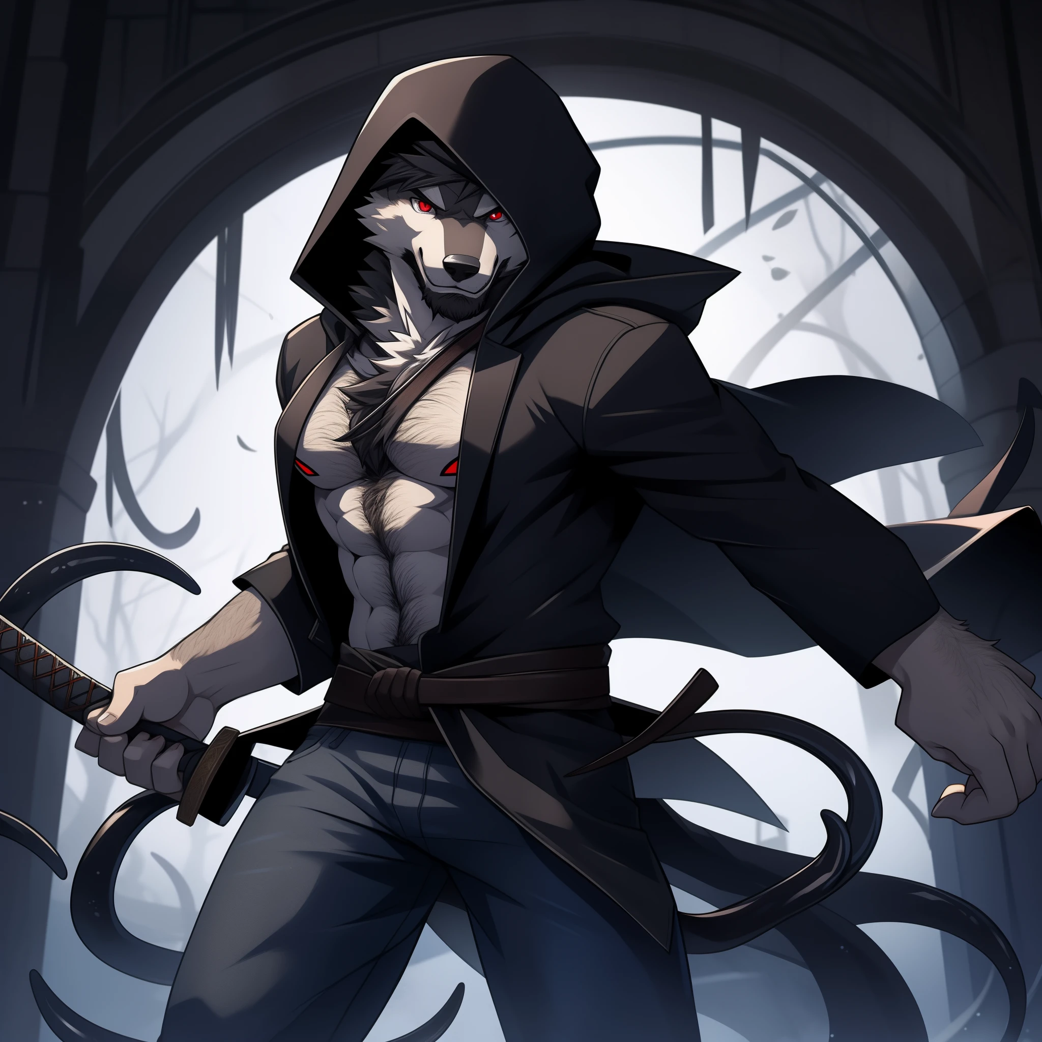 solo person，shaggy，hairy chest，There are black tentacles on the back，a black trench coat，White color blouse，Black hood，Gray jeans，gray wolf，Red-blue pupils，Black katana around the waist