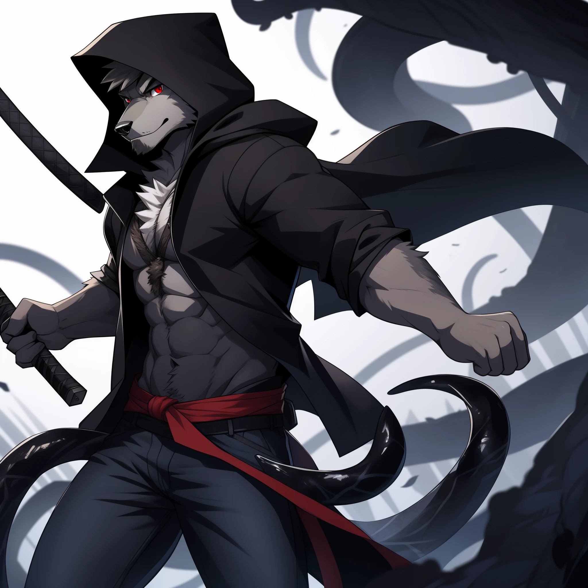 solo person,shaggy,hairy chest,There are black tentacles on the back,a black trench coat,White color blouse,Black hood,Gray jeans,gray wolf,Red-blue pupils,Black katana around the waist