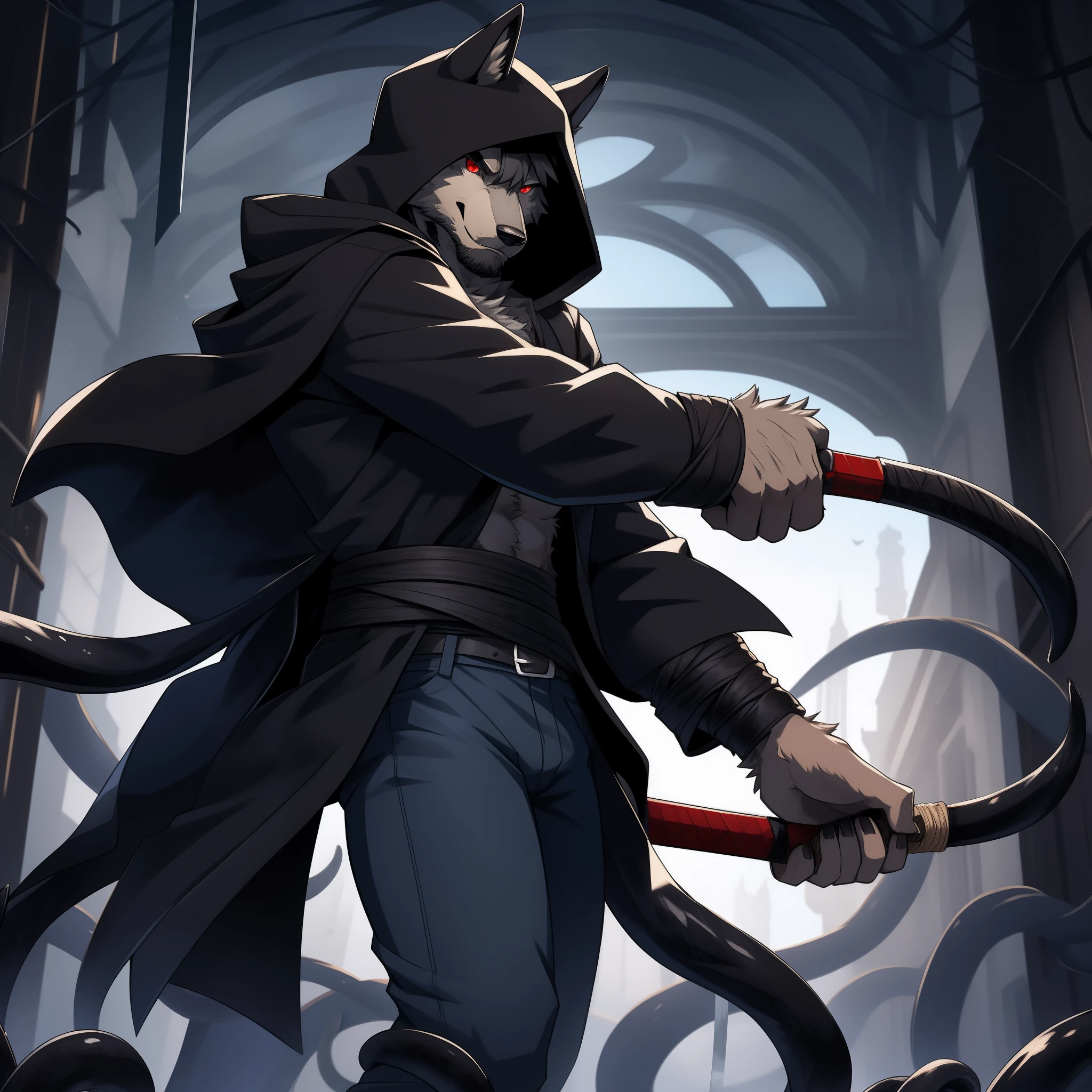 solo person,shaggy,hairy chest,There are black tentacles on the back,a black trench coat,White color blouse,Black hood,Gray jeans,gray wolf,Red-blue pupils,Black katana around the waist