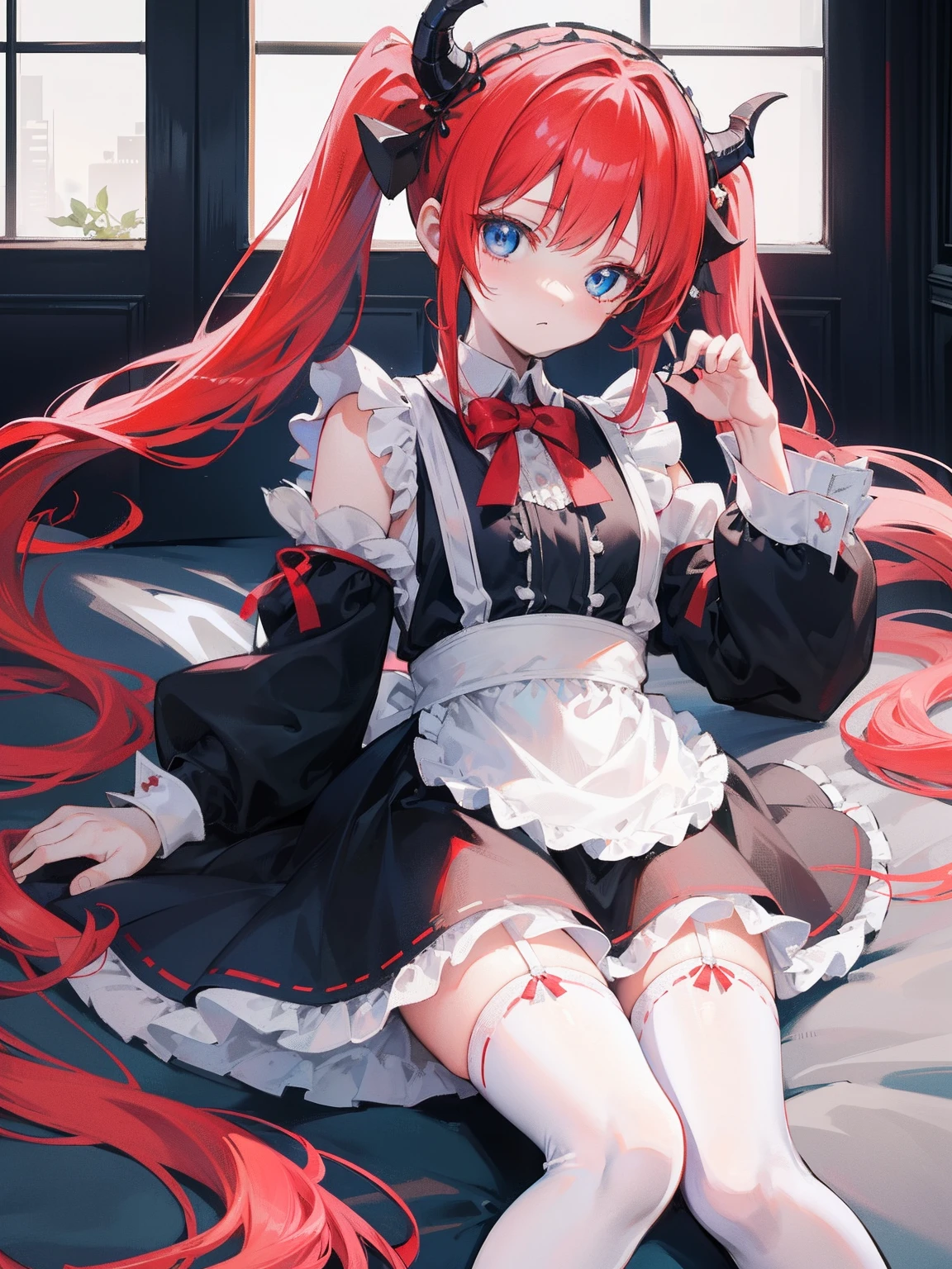 red hair,blue eyes,twintails,maid, long hair, long sleeves, gothic, solo, loli,Short skirt, white stockings,{{best quality}}, {{masterpiece}}, {{ultra-detailed}}, {illustration}, {detailed light}, {an extremely delicate and beautiful},little girl,cute,dragon horns