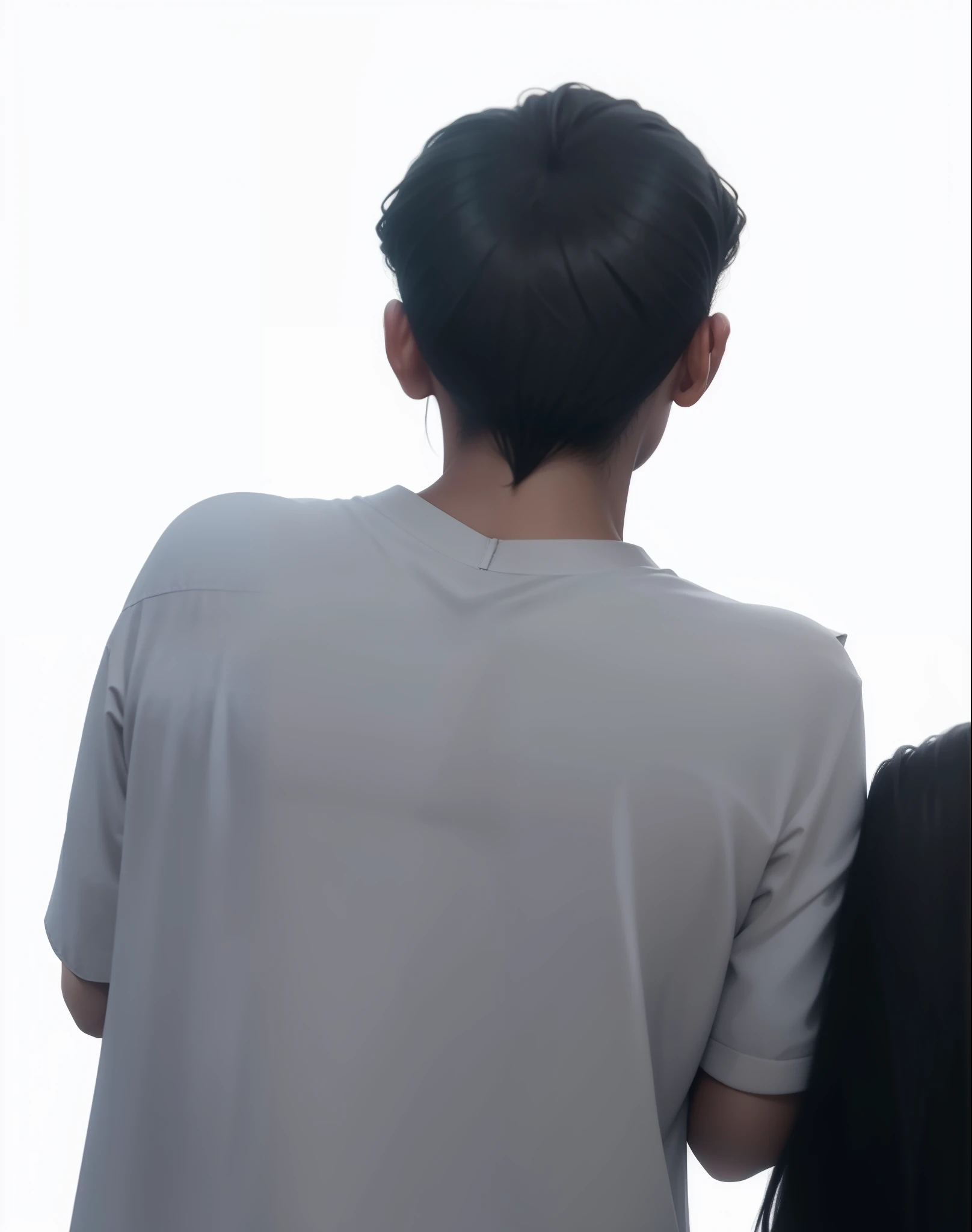 Foto laki-laki memakai baju putih menghadap belakang, rambut hitam super detail, kulit tajam super HD DETAIL PENUH