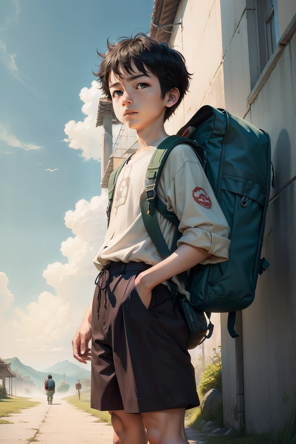Boy with backpack, Miyazaki painting style