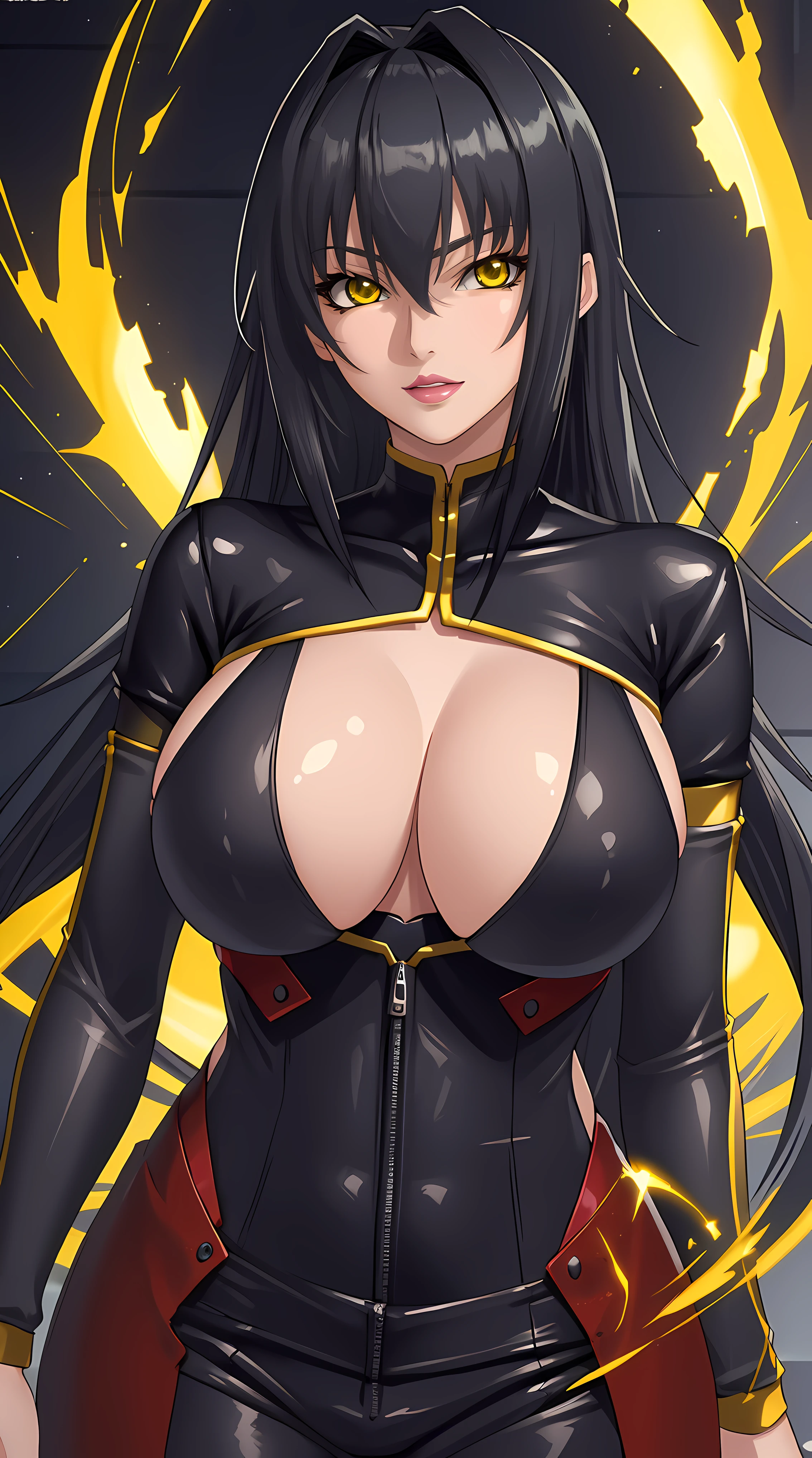 Annerose, 1girl, female mature, black hair, long hair, yellow eyes, large breasts, professor outfit, professor, skin tight, hair intakes, covered breasts, (exquisite character details, beautiful lips, beautiful yellow eyes, beautiful face, beautiful and properly clothed), extremely detail unity 8k wallpaper, (solo:1.5)