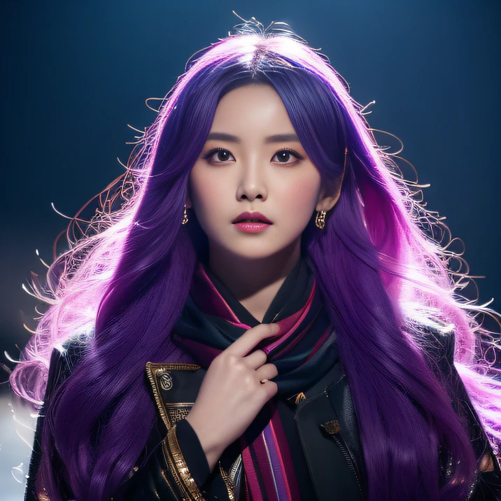 32K(tmasterpiece,k hd,hyper HD,32K)Long flowing bright purple hair,Autumn Pond,zydink, a color, Asian people (Silly girl), (Silk scarf), Combat posture, looking at the ground, long whitr hair, Floating bright purple, Fire cloud pattern gold tiara, Chinese long-sleeved gold silk garment, (abstract ink splash:1.2), white backgrounid,Lotus protector(realisticlying:1.4),Bright purple hair,Smoke on the road,The background is pure, A high resolution, the detail, RAW photogr, Sharp Re, Nikon D850 Film Stock Photo by Jefferies Lee 4 Kodak Portra 400 Camera F1.6 shots, Rich colors, ultra-realistic vivid textures, Dramatic lighting, Unreal Engine Art Station Trend, cinestir 800,Long flowing bright purple hair