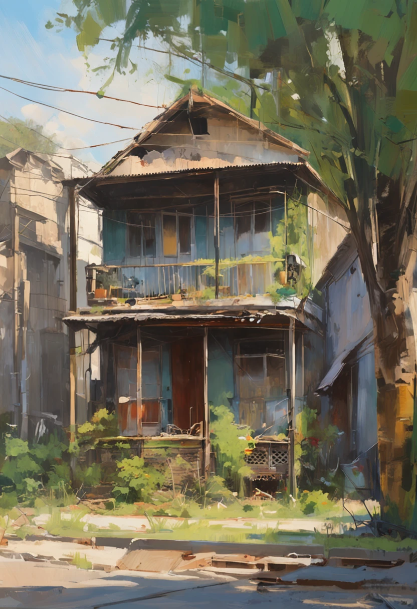 very cozy little place,ultra-realistic realism,Makoto Shinkai anime,Old dilapidated houses on city streets,home wiring,exteriors,Skysky,clouds,In the daytime,scenecy,The tree,blue-sky,buliding,flags,electrical wires,railing,Wide lens,telephone poles,towns,wasteland,fresh flowers