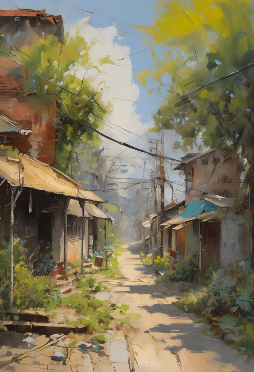 very cozy little place,ultra-realistic realism,Makoto Shinkai anime,Old dilapidated houses on city streets,home wiring,exteriors,Skysky,clouds,In the daytime,scenecy,The tree,blue-sky,buliding,flags,electrical wires,railing,Wide lens,telephone poles,towns,wasteland,fresh flowers