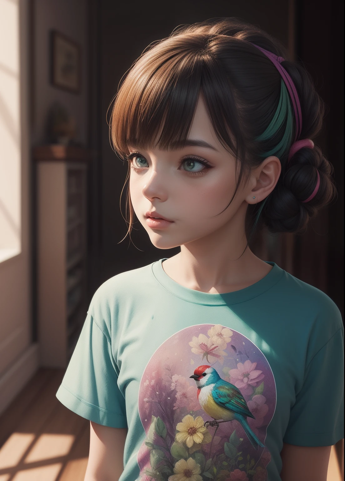 Detailed illustration facing evil clown,Magic, design de camisetas, Cor verde , Salpicos escuros, Escuro, garatuja, design de camisetas, no estilo do Studio Ghibli, cores tetradicas pastel, Arte vetorial 3D, bonito e peculiar, arte de fantasia, efeito aquarela, Bokeh, Adobe Illustrator, hand-drawn, pintura digital, poli baixo, soft lighting, bird's eye vision, isometric style, retro aesthetics, foco no personagem, 4K分辨率, Photorealistic rendering, usando o Cinema 4D