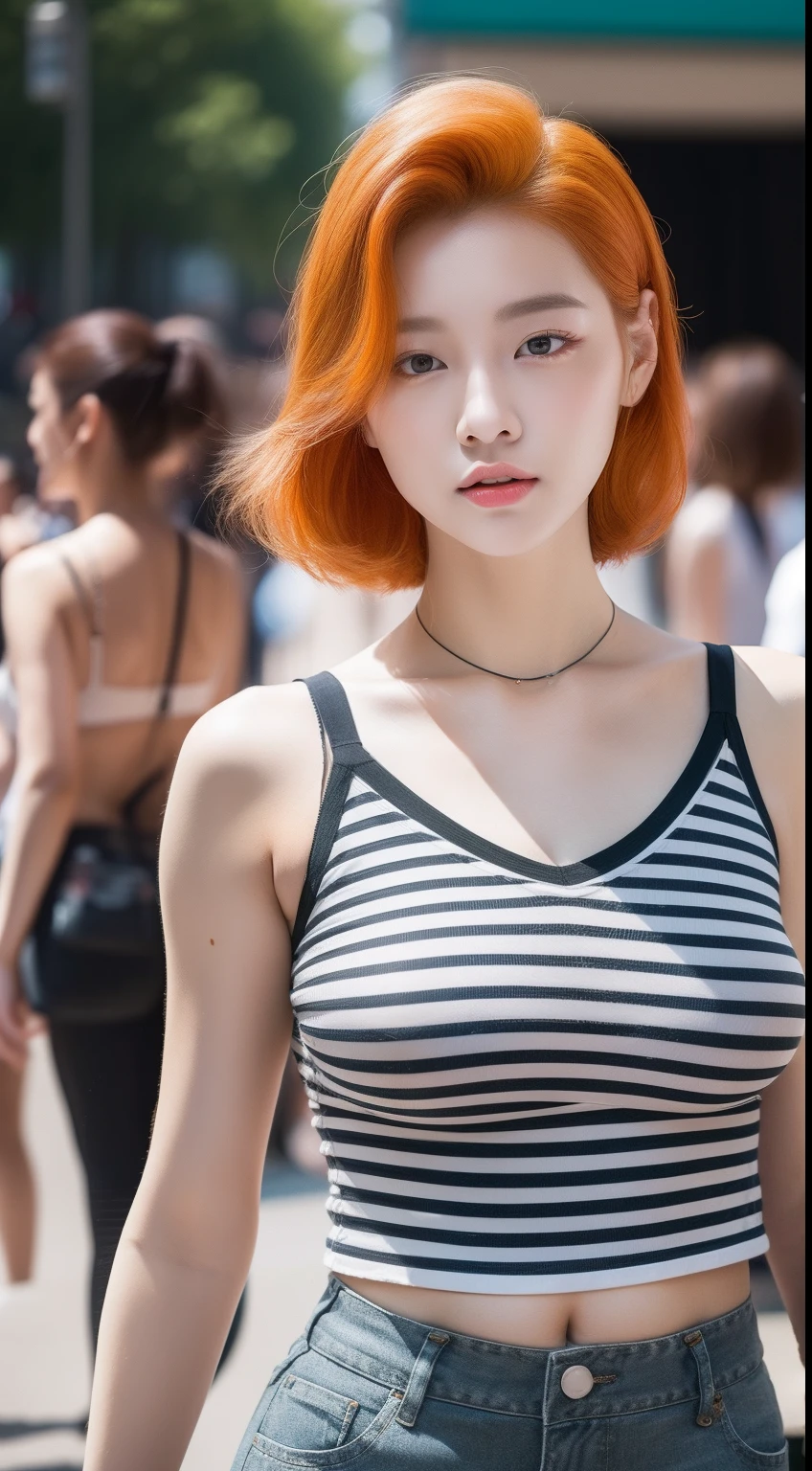realistic photos of 1 cute Korean star, orange hair slicked back, white skin, thin makeup, 32 inch breasts size, wearing black striped camisole, shorts, at the city, with crowded, upper body portrait, Hyperrealism, UHD