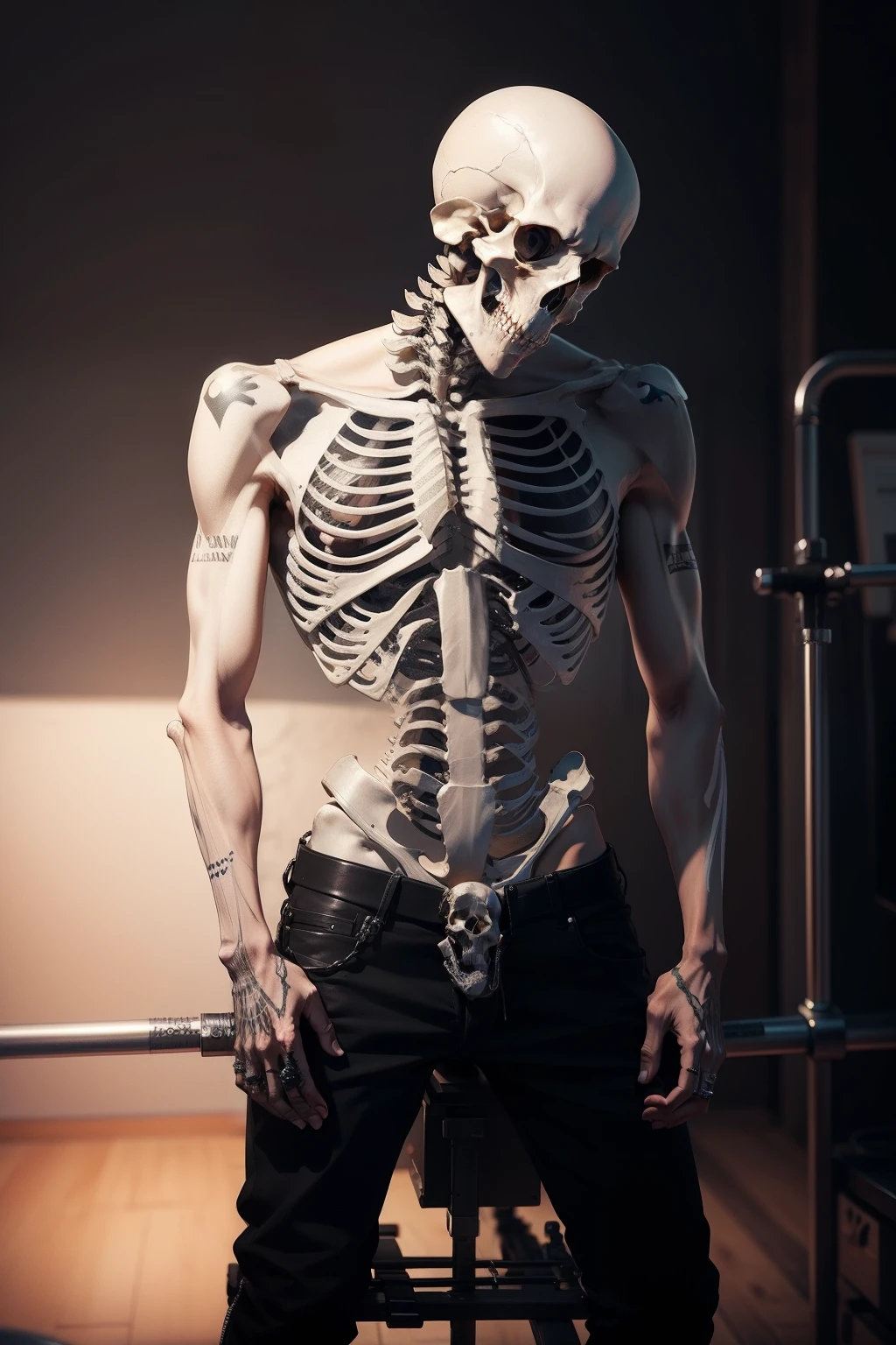 human skeleton, bones, on a tattoo artist stretcher doing skull tattoo