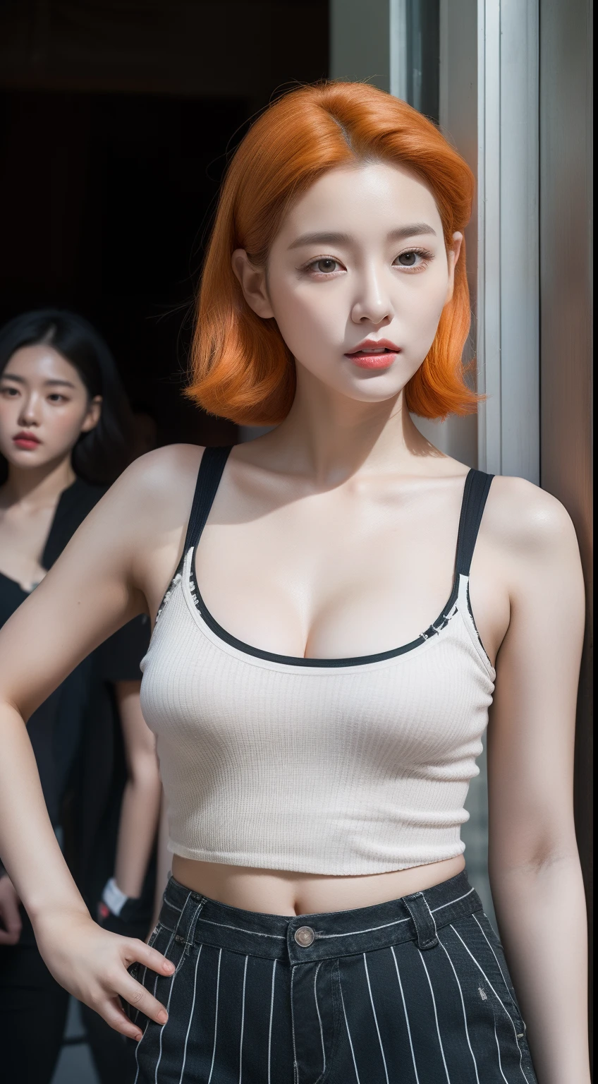 realistic photos of 1 cute Korean star, orange hair slicked back, white skin, thin makeup, 32 inch breasts size, wearing black striped camisole, shorts, at the city, with crowded, upper body portrait, Hyperrealism, UHD