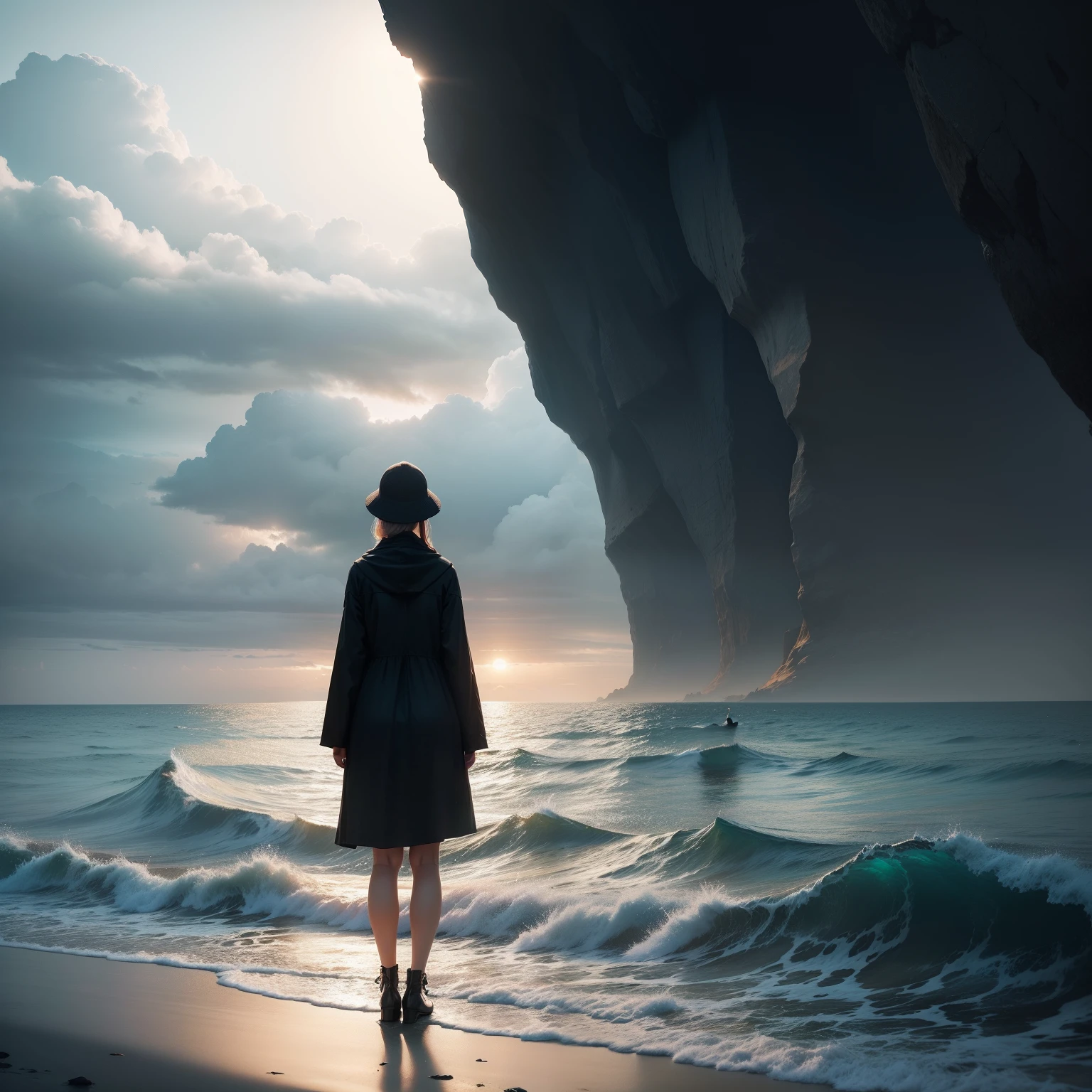 A woman stands behind the sea, without showing her face, as long as the back of a person