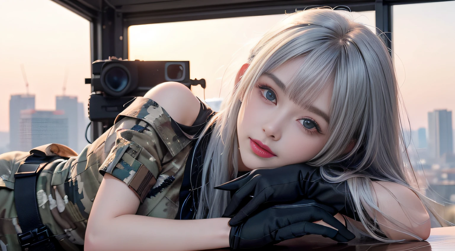 （Girl sleeping face down in big office）, Silver hair, Bangs, Blunt bangs, Long hair, Braiding（poneyTail）, aqua eyes, longeyelashes, Solid Circle Eyes, makeup, Open mouth, blush, Parted lips, Bright pupils, smiley, Seductive smile, glint, surrealism, Modern,（（ Camouflage blouse））、（（Camouflage print mini skirt））、(Shoulder Sniper Rifle））（Peeking into the scope）Chiaroscuro, Chiaroscuro, depth of fields, One-person viewpoint,  From Side, F/1.8, 135 mm, canon,  nffsw, retinas, masutepiece, ccurate, Anatomically correct, Textured skin, Super Detail, high details, High quality, Best Quality, hight resolution, 1080p, hard disk, 4K, 8K、（Sniper regime）　（（Full Body Angle））、、Skyscrapers are hazy behind