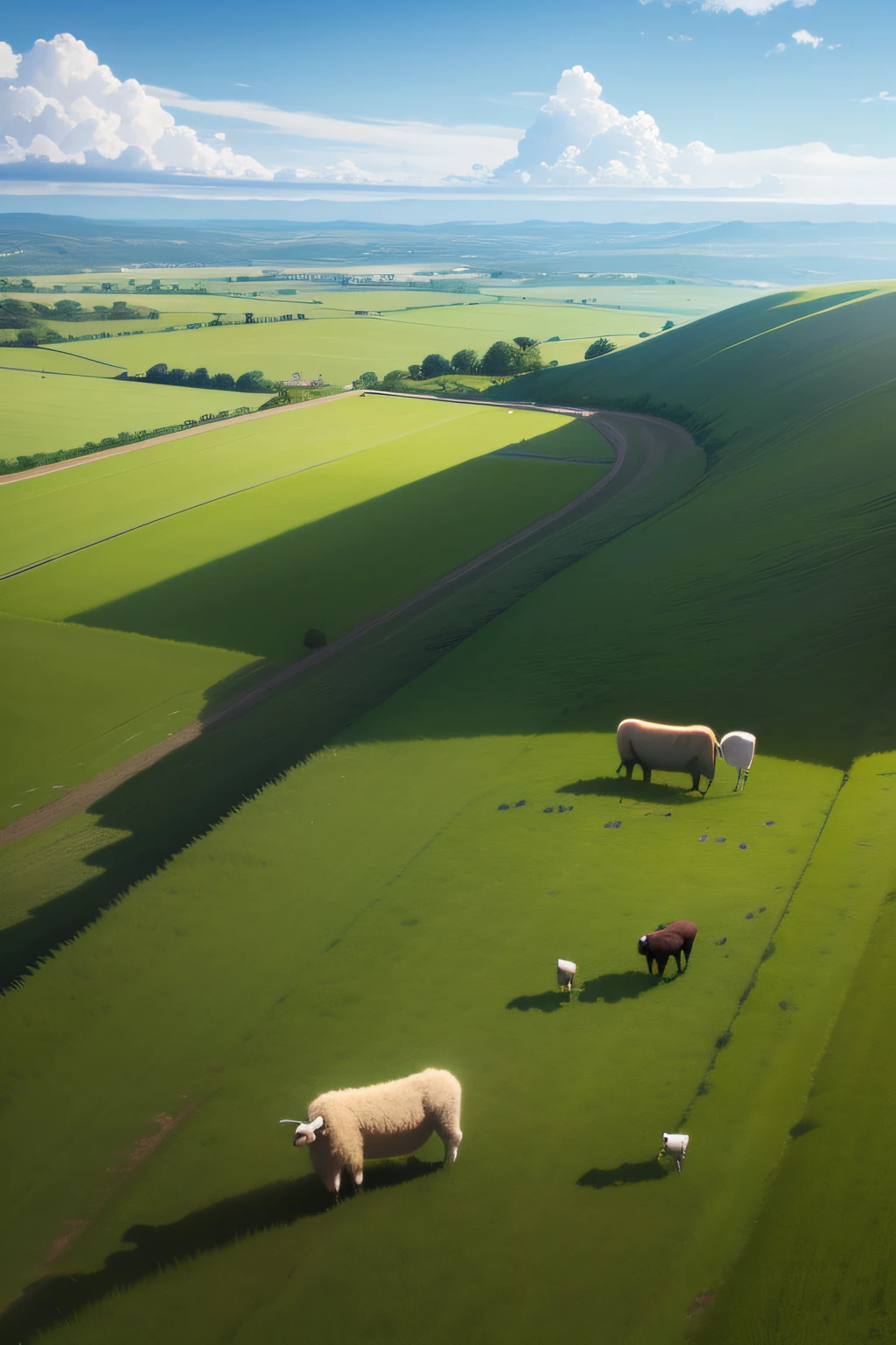 grass field，cattle and sheep，blue-sky，hyper HD，The cattle herder