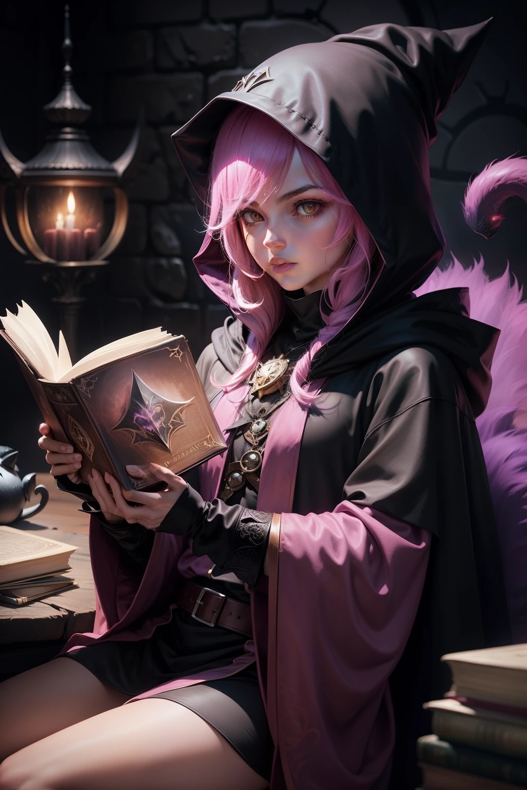 fantasy medieval robbed dark magician. occult face. hooded. dark pink robe. holding books. front view. front facing. furry cat tail no background. black plain background.