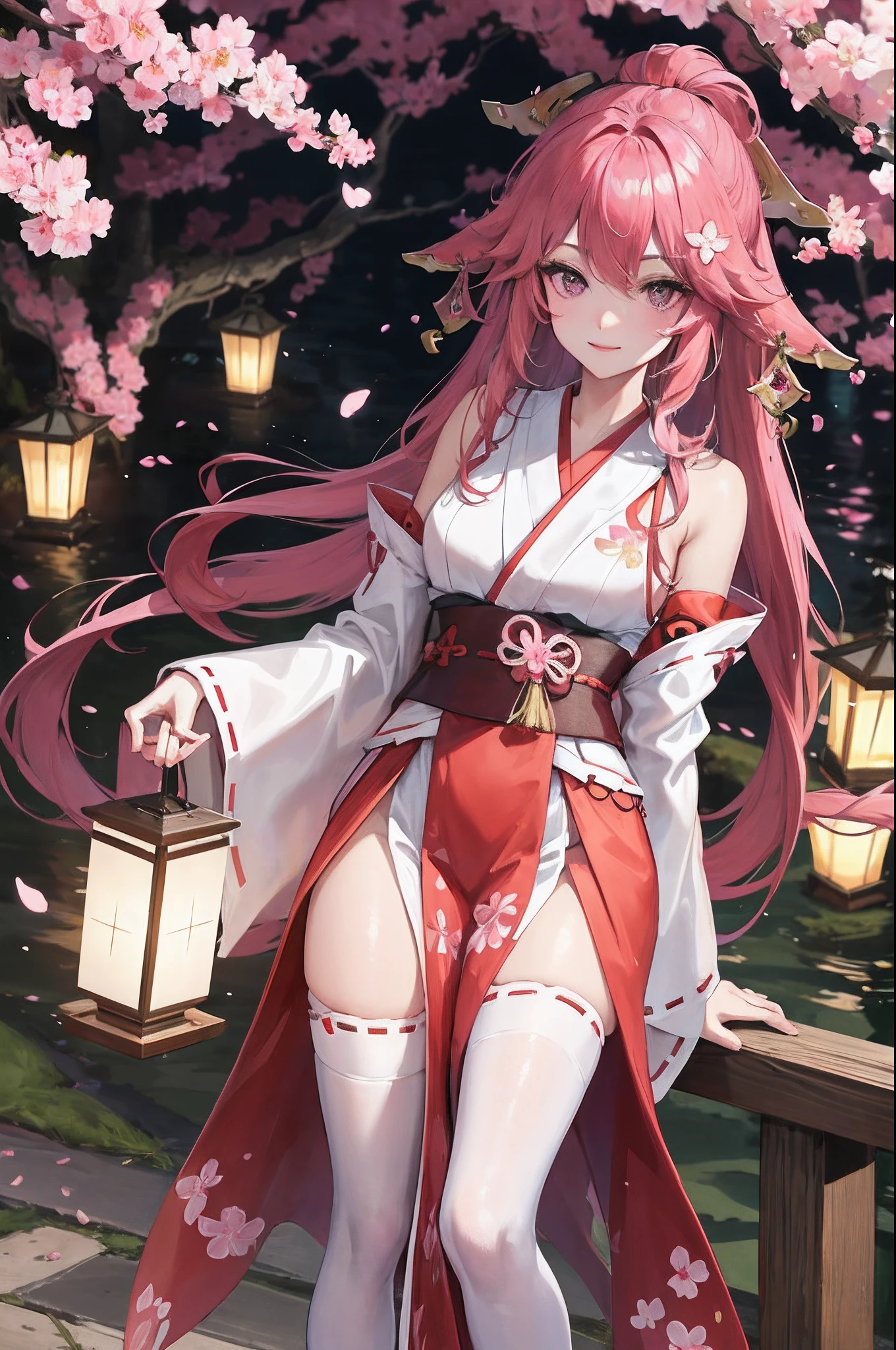Girl with long pink hair ,Milf, with pink eyes, pink fox ears,A girl, Odin, 独奏, kimono,autumn, autumn leaves fall from behind
