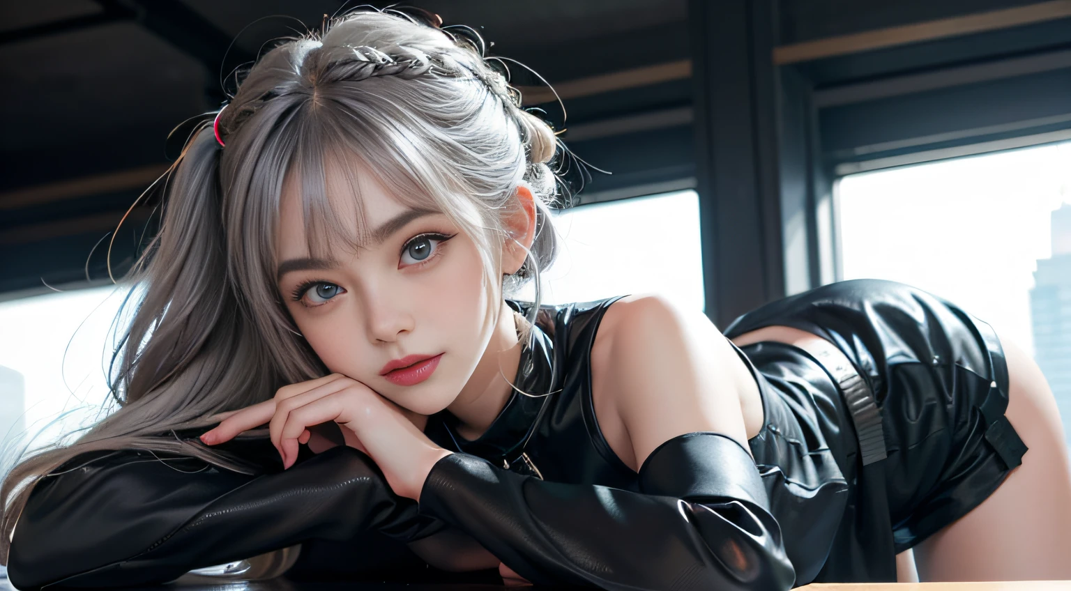 (Girl sleeping face down in big office), Silver hair, Bangs, Blunt bangs, Long hair, Braiding(poneyTail), aqua eyes, longeyelashes, Solid Circle Eyes, makeup, Open mouth, blush, Parted lips, Bright pupils, smiley, Seductive smile, glint, surrealism, Modern,(( Camouflage blouse))、((Camouflage print mini skirt))、(Shoulder Sniper Rifle))(Peeking into the scope)Chiaroscuro, Chiaroscuro, depth of fields, One-person viewpoint, From Side, F/1.8, 135 mm, canon, nffsw, retinas, masutepiece, ccurate, Anatomically correct, Textured skin, Super Detail, high details, High quality, Best Quality, hight resolution, 1080p, hard disk, 4K, 8K、(Sniper regime) ((Full Body Angle))、、Skyscrapers are hazy behind