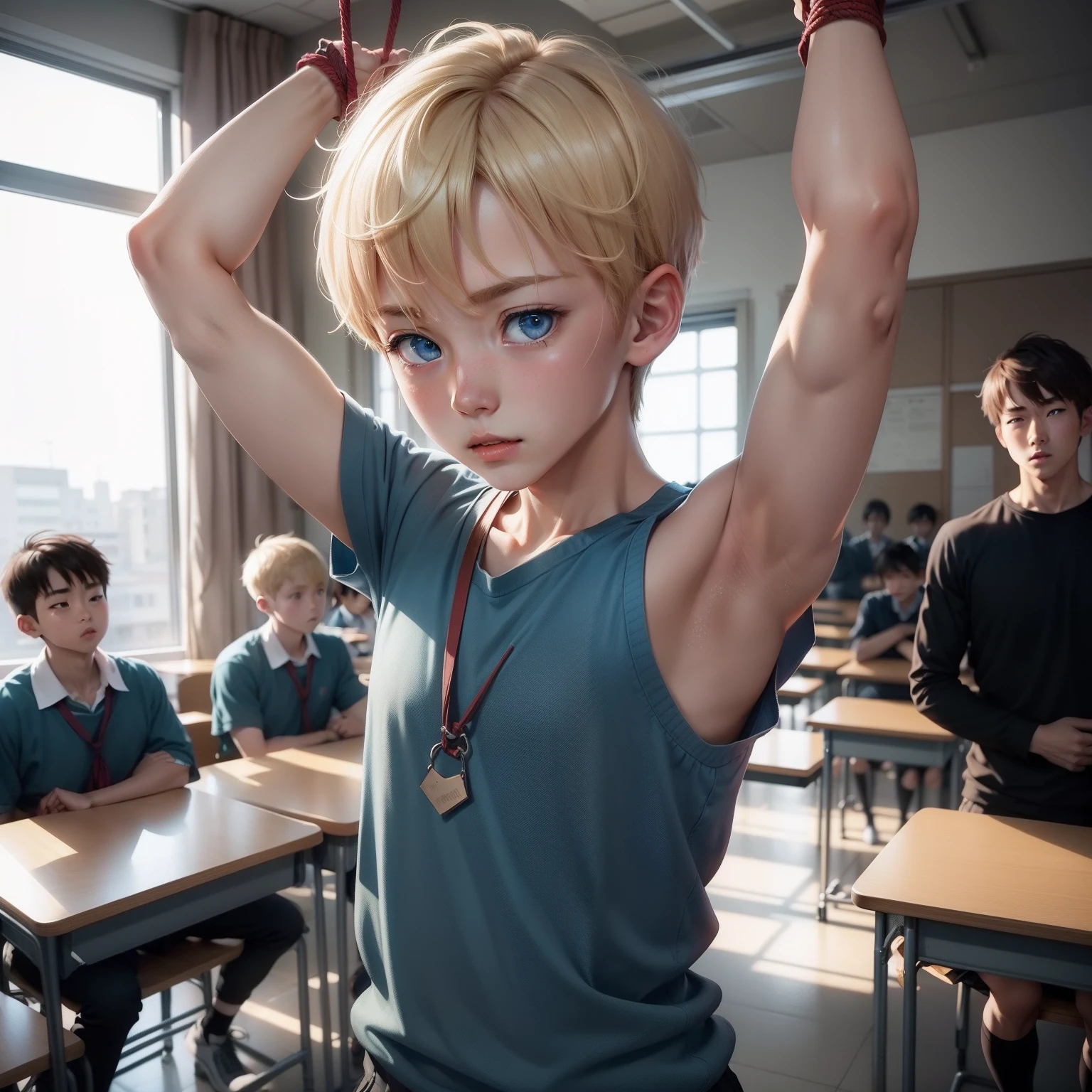 One Boy。Cool boys。Cute Boy。a blond。short-haired。Blue eyes。musculature。srestrained。Detained。Tied up。Both arms are tied。Wrists tied。Both arms are tied with ropes。Wrists are tied with ropes。is standing。Raising both arms。You can see your armpits.。embarrassed from。red blush。perspiring。Crowded classrooms。Classroom。