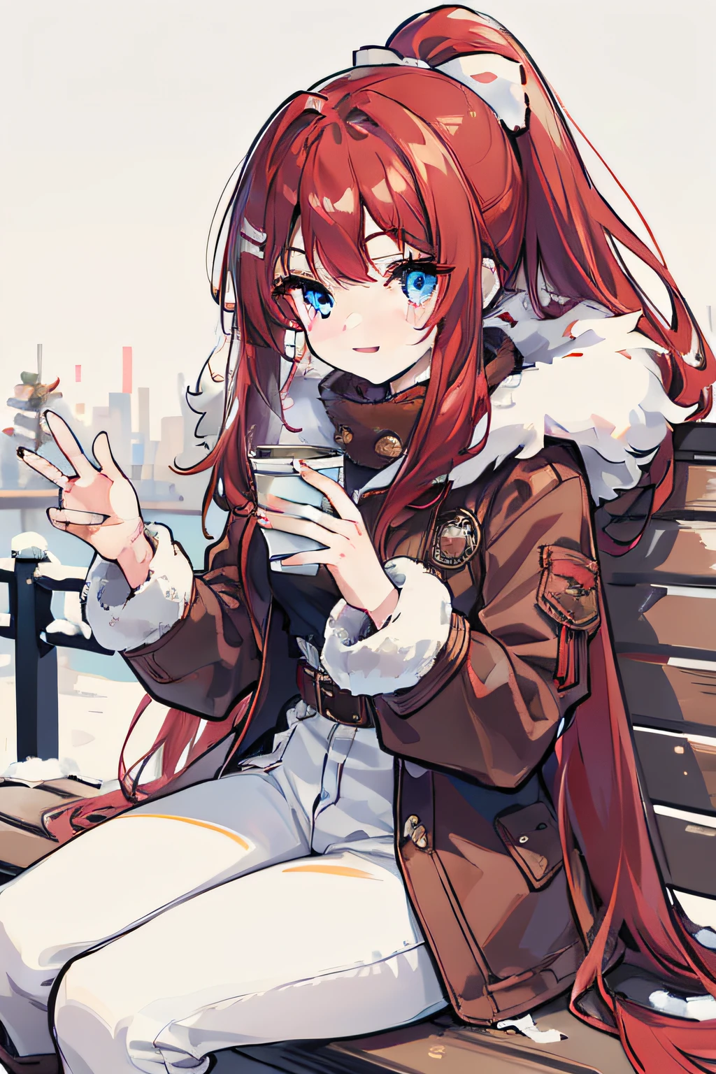 masterpiece, best quality, 1girl, long hair, (red hair), waist-length hair, ponytail, blue eyes, sharp eyes, smiling, ((brown fur coat)), white knitted clothes, jeans, boots, in the winter, snowing, sitting on the bench, smiling, ((detail face)), holding a paper cup