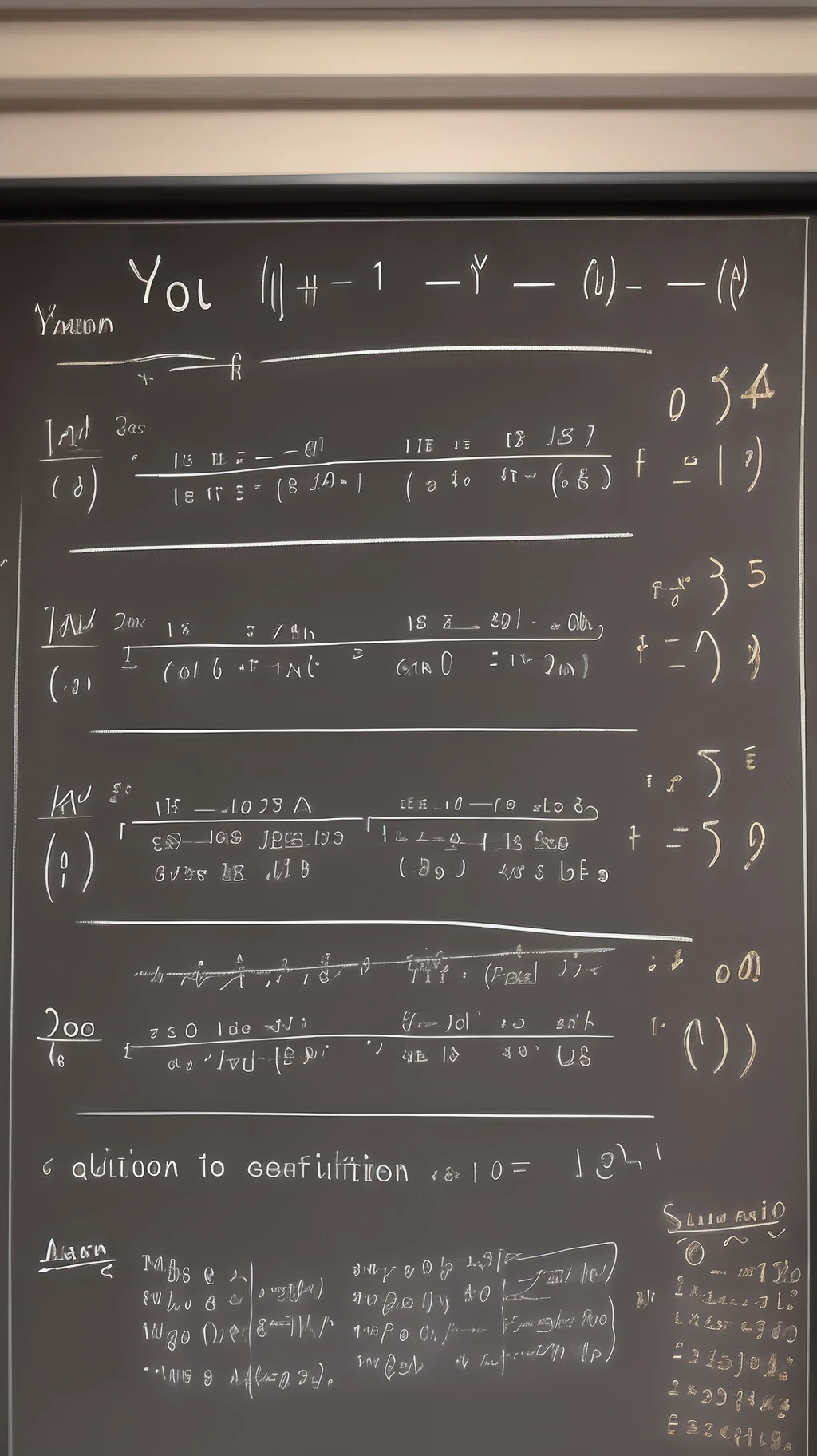 Of course! Here's a prompt for generating a random math equation on the board:
"Generate a random math equation involving addition and subtraction with two variables, 'x' and 'y', and provide the equation's solution. Write the equation on the board."
This prompt should result in a variety of equations involving addition and subtraction with different values for 'x' and 'y'.