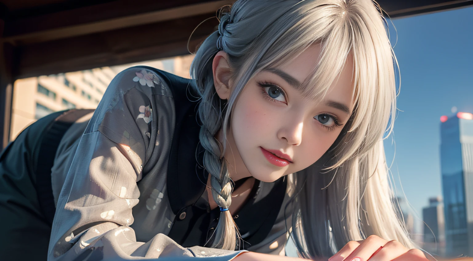 (Girl sleeping face down in big office), Silver hair, Bangs, Blunt bangs, Long hair, Braiding(poneyTail), aqua eyes, longeyelashes, Solid Circle Eyes, makeup, Open mouth, blush, Parted lips, Bright pupils, smiley, Seductive smile, glint, surrealism, Modern,(( Camouflage blouse))、((Camouflage print miniskirt))、(Ⅿ16sniper rifles))(Peeking into the scope)Chiaroscuro, Chiaroscuro, depth of fields, One-person viewpoint, From Side, F/1.8, 135 mm, canon, nffsw, retinas, masutepiece, ccurate, Anatomically correct, Textured skin, Super Detail, high details, High quality, Best Quality, hight resolution, 1080p, hard disk, 4K, 8K、(Sniper regime) ((Full Body Angle))、、Skyscrapers are hazy behind