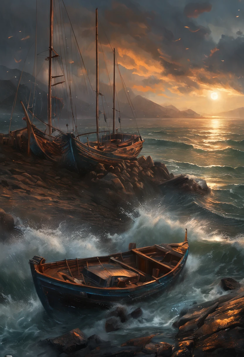 Real picture((oil paint ))Landscape painting,acrycle painting,Brush Strokes,With unparalleled realism,ultrawide,ominous skies,Sail ships,Wooden boats,Lotus,Huge waves,Starry night,Harry Potter,voluminetric lighting,Clearing,Realistic,james gurney,art stations,((The oil paint on was applied))