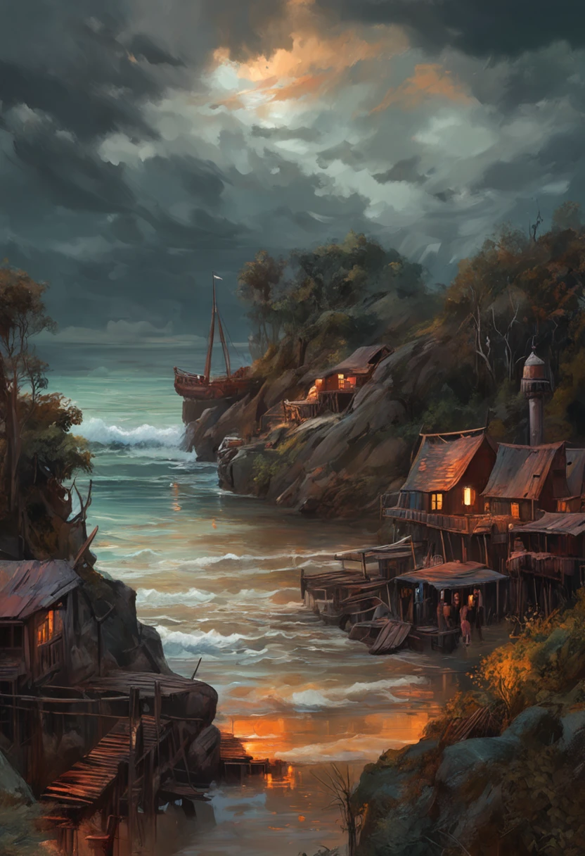Real picture（（oil paint ））Landscape painting,acrycle painting，Brush Strokes，With unparalleled realism,ultrawide,ominous skies,Sail ships,Wooden boats,Lotus,Huge waves,Starry night,Harry Potter,voluminetric lighting,Clearing,Realistic,james gurney,art stations，（（The oil paint on was applied））