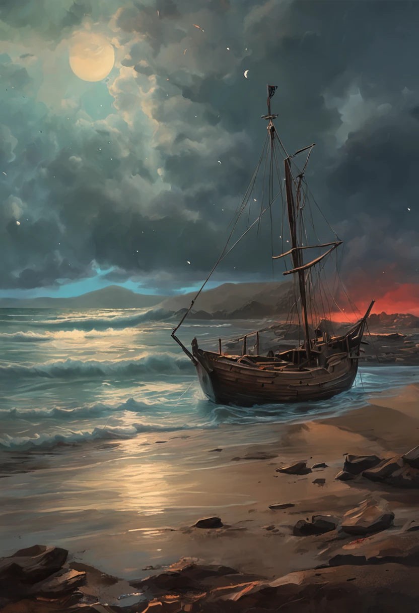 Real picture((oil paint ))Landscape painting,acrycle painting,Brush Strokes,With unparalleled realism,ultrawide,ominous skies,Sail ships,Wooden boats,Lotus,Huge waves,Starry night,Harry Potter,voluminetric lighting,Clearing,Realistic,james gurney,art stations,((The oil paint on was applied))