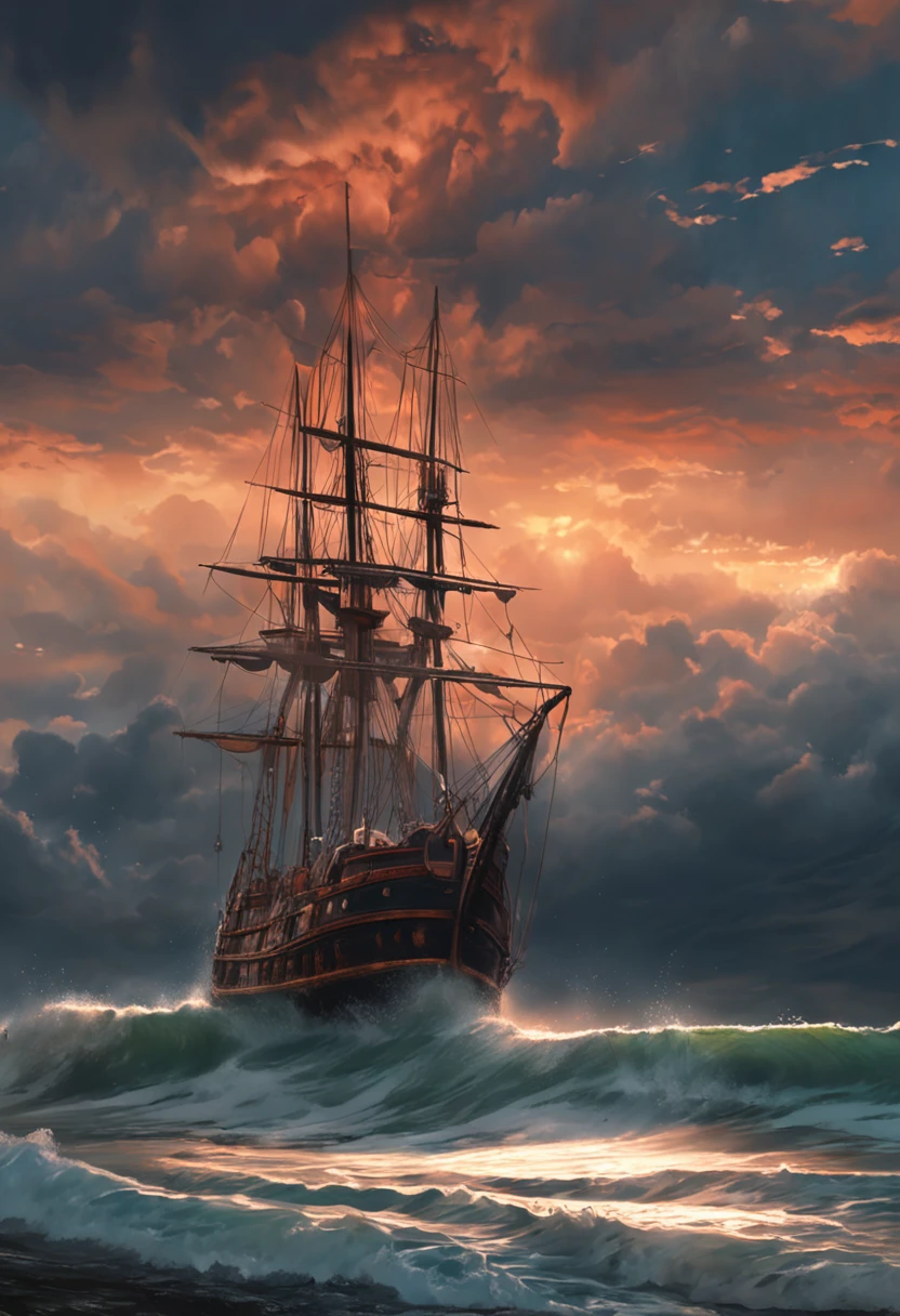 Real picture（（oil paint ））Landscape painting,acrycle painting，Brush Strokes，With unparalleled realism,ultrawide,ominous skies,Sail ships,Wooden boats,Lotus,Huge waves,Starry night,Harry Potter,voluminetric lighting,Clearing,Realistic,james gurney,art stations，（（The oil paint on was applied））