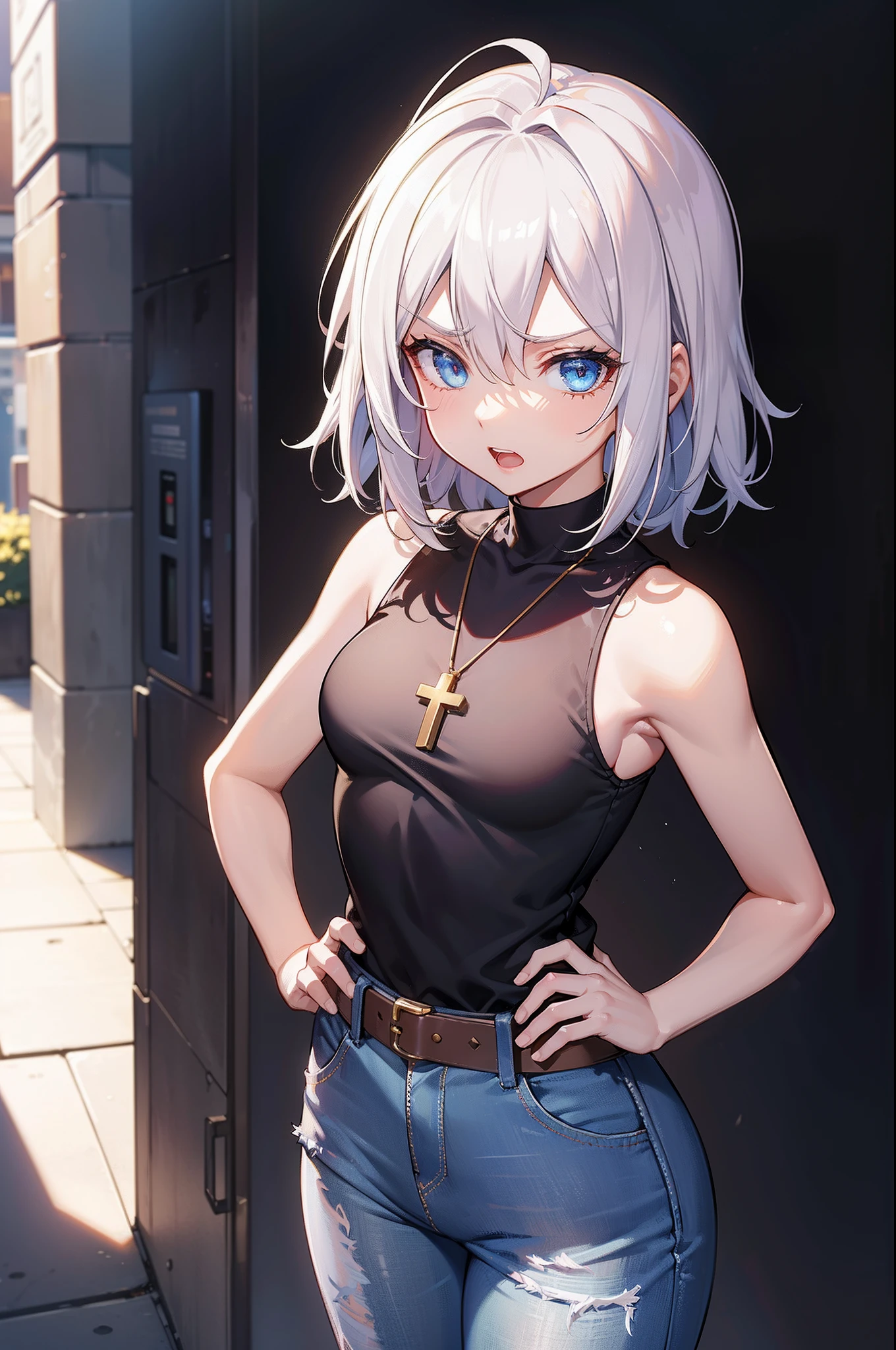 Masterpiece, Best quality, Masterpiece, Best quality, offcial art, Extremely detailed Cg Unity 8K wallpaper, Golden hour lighting, strong rimlight, Strong shadows, In the cyberpunk city, art book, Medium hair, White hair, Blue eyes, Small breasts, Sleeveless shirt, shorter pants, kneehighs, jitome, Semi-closed Eyes, :crewneck, ((hair over shoulders)), hair between eye, (A look of disdain),(Gradient hair), dyed bangs, Cross necklace,hand on hips,, Open mouth thin, a little angry, Medium hair