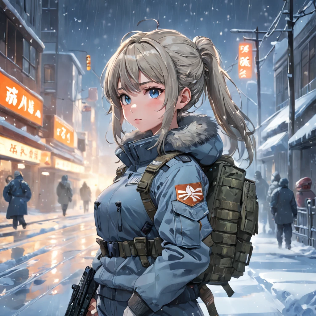 (Photorealistic), Beautiful lighting, Best quality, Realistic, Full body portrait, Real picture, Intricate details, Depth of field, 1girll, In a cold blizzard, A girl with a very muscular hairstyle, Wear a winter camouflage military uniform, Camouflage plate bracket drilling rig, Combat gloves, (Magasin bags), (Knee protectors), highly detailed, Perfect face, Blue eyes, Lips, Wide hips, Small waist, Tall, make up, Tacticool, Fujifilm XT3, Outdoors, Bright day, Beautiful lighting, RAW photo, 8K UHD, filmgrain, ((Bokeh))