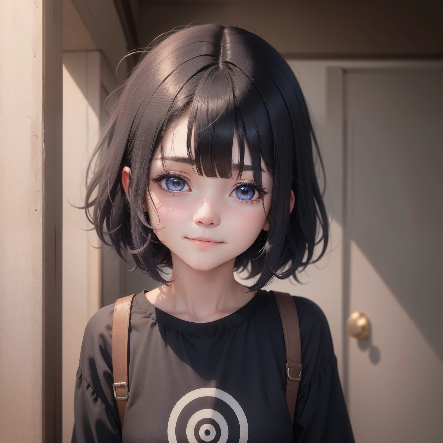 Girl with indigo pupils,18yr old,Short black hair, bangs, soft and rough hair,Dopamine wears happy vitality,The eye shape is neutral,Yellowish skin tone
