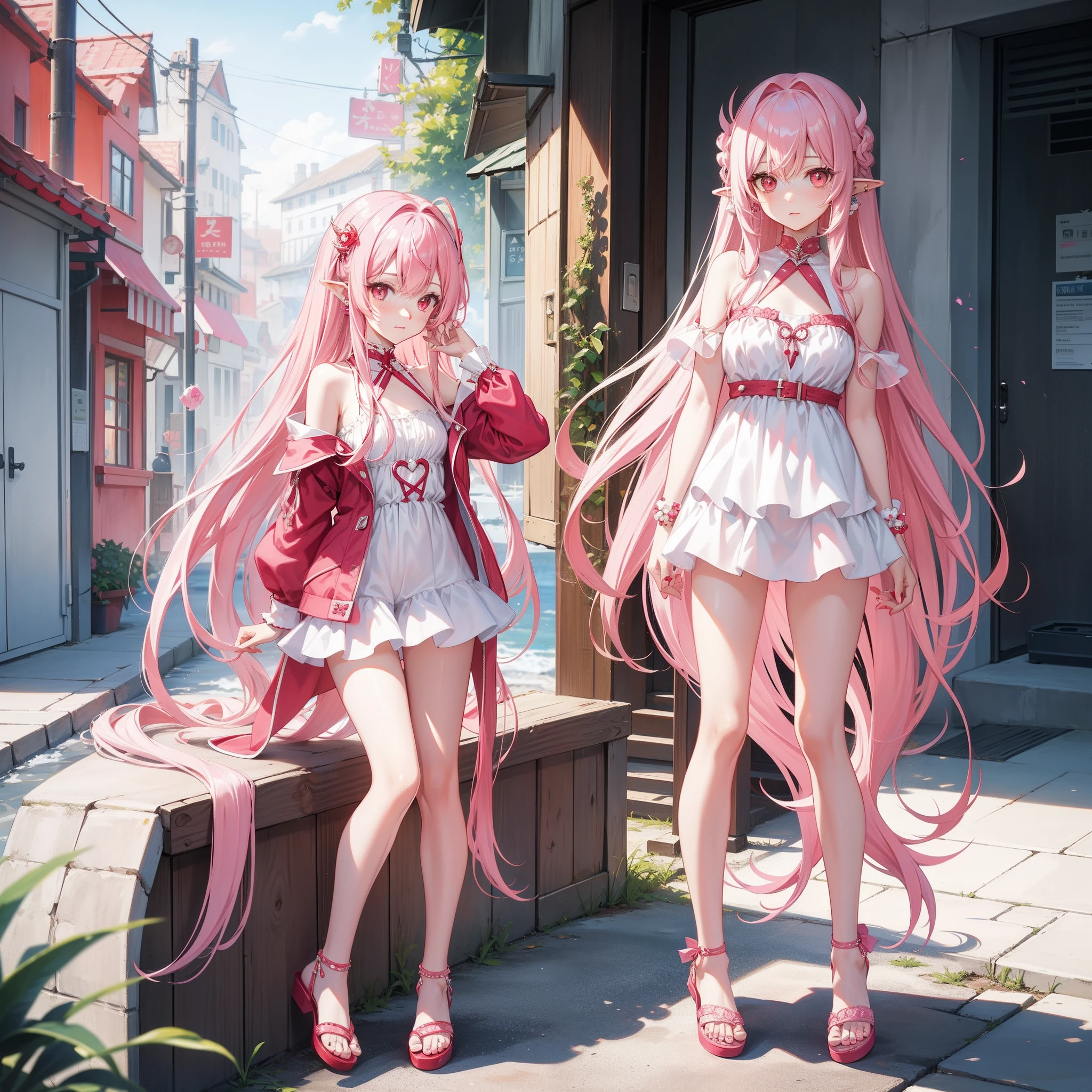 Pink Long Hair,Unscrupulous maiden,Split white swimsuit,red color eyes,is shy,ear studs,sandals