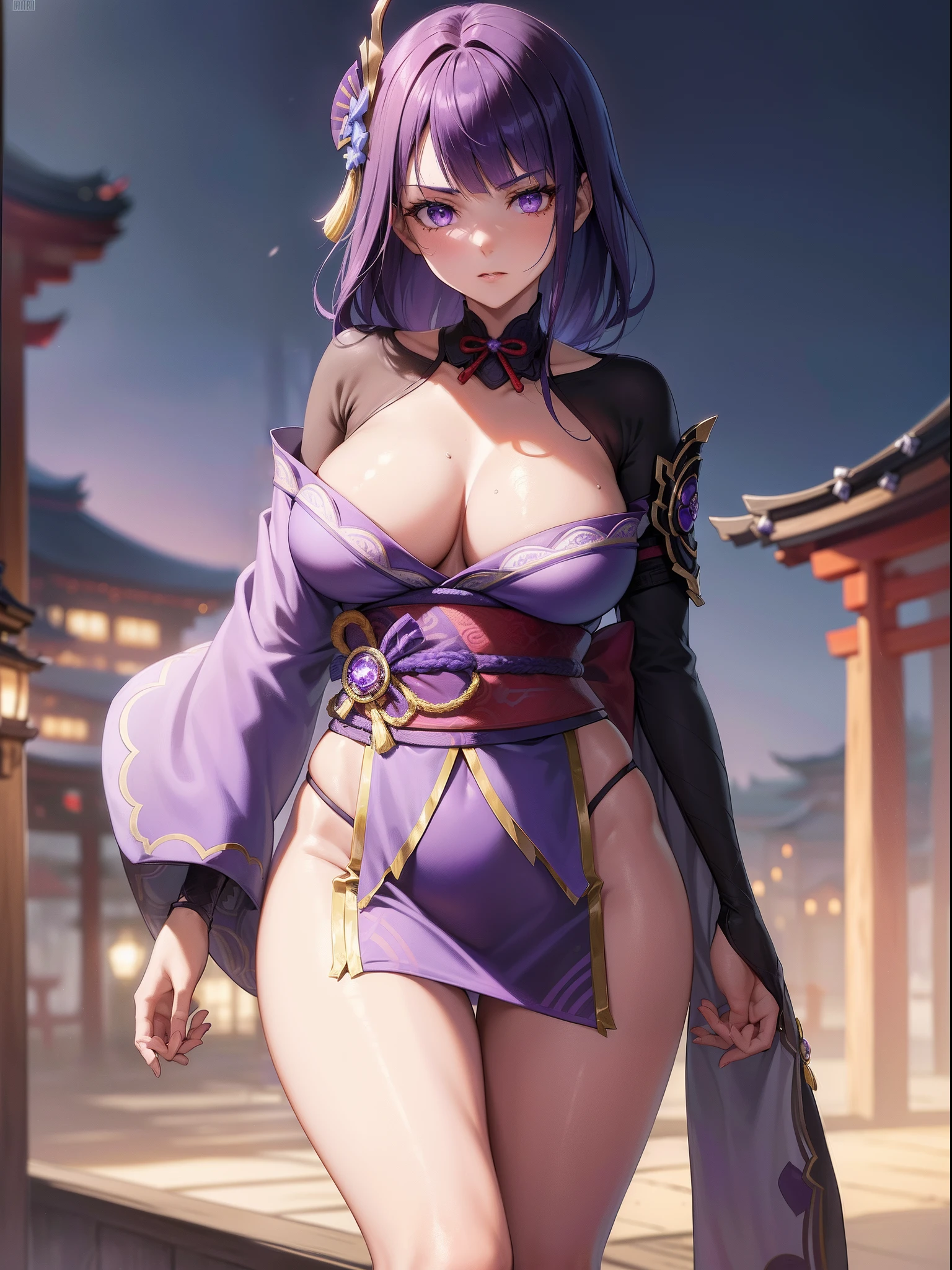 (Illustrations super fines:1.2),(masutepiece, 8k), (Best quality, High quality:1.4), porate、((Super pastel)),anatomie parfaite, Ultra - detailed, Ultra - detailed,Background of the masterpiece,beautiful detailed background, V8k wallpapers(Nuit:1.2),(dehors), (very detailed background), balcon, Purple lightning, Japanese-style building, debout, Tir de cowboy, , Raiden Shogun,Raïdenshogundef, cheveux violets, ornements de cheveux, cheveux longs, braided ponytail, (((brassard, Purple Japanese clothing, manches larges, manches longues, cuisses, Kimono violet))), 1fille, seulement, (24 ans:1.5),beau doigt,Belles jambes longues,beau corps,Beau nez, Des yeux parfaits, visage parfait,(Beautiful detailed purple eyes),((femelle mature:1.1)),((MILF:1.1)),constituer,lips parted,(peau brillante:1.1),(perfect female body:1.2),(detailed beautiful skin),(detailed hair), Regarder le spectateur, ((severe expression)), ((brandishes an electric katana from her breasts)), Pulls a purple electric katana from his chest, rayon_tracing,Intricate details,profondeur de champ, extremely beautiful, (beau,gros seins:1.4), (beau_visage:1.5), (seulement:1.4), (Anime:1.4), (((Haut du corps, Demi-tir du corps:1.4))), (8k, Masterpiece, hyperdetail:1.4)