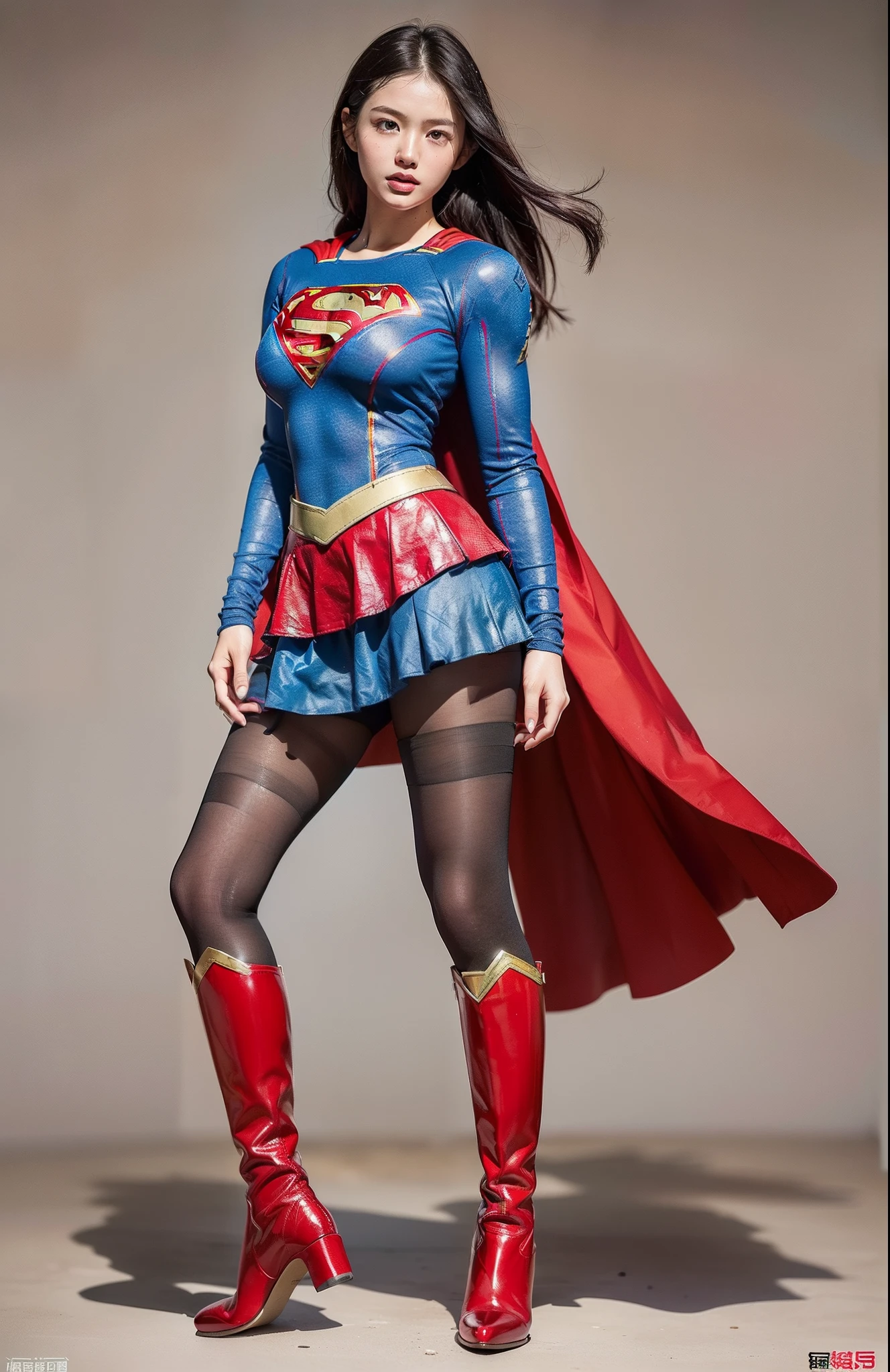 (((Make the most of the original image)))、(((Supergirl Costume)))、(((lustrous dark hair)))、(((Suffering)))、(((Feet must necessarily be worn with black tights)))、(((You need to wear red boots)))、((Top image quality、8K))、((top-quality、8K、masterpiece:1.3))、Crisp focus:1.2、Beautiful woman with perfect body shape:1.4、Slender Abs:1.2、((layers-Cut、large boob:1.2))、a wet body:1.5、Highly detailed facial and skin texture、